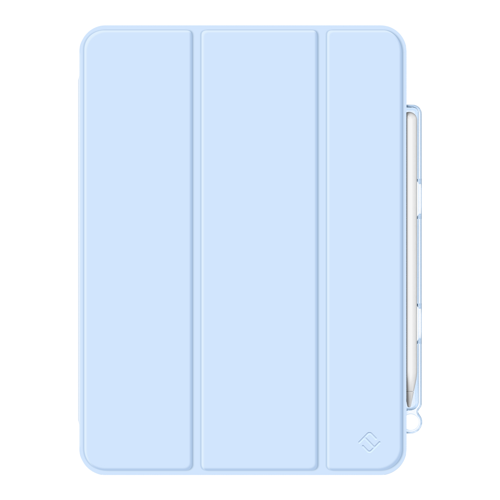 Eine hellblaue Tablethülle mit Klappdeckel und einem weißen Stift. Ein Logo befindet sich unten rechts.
