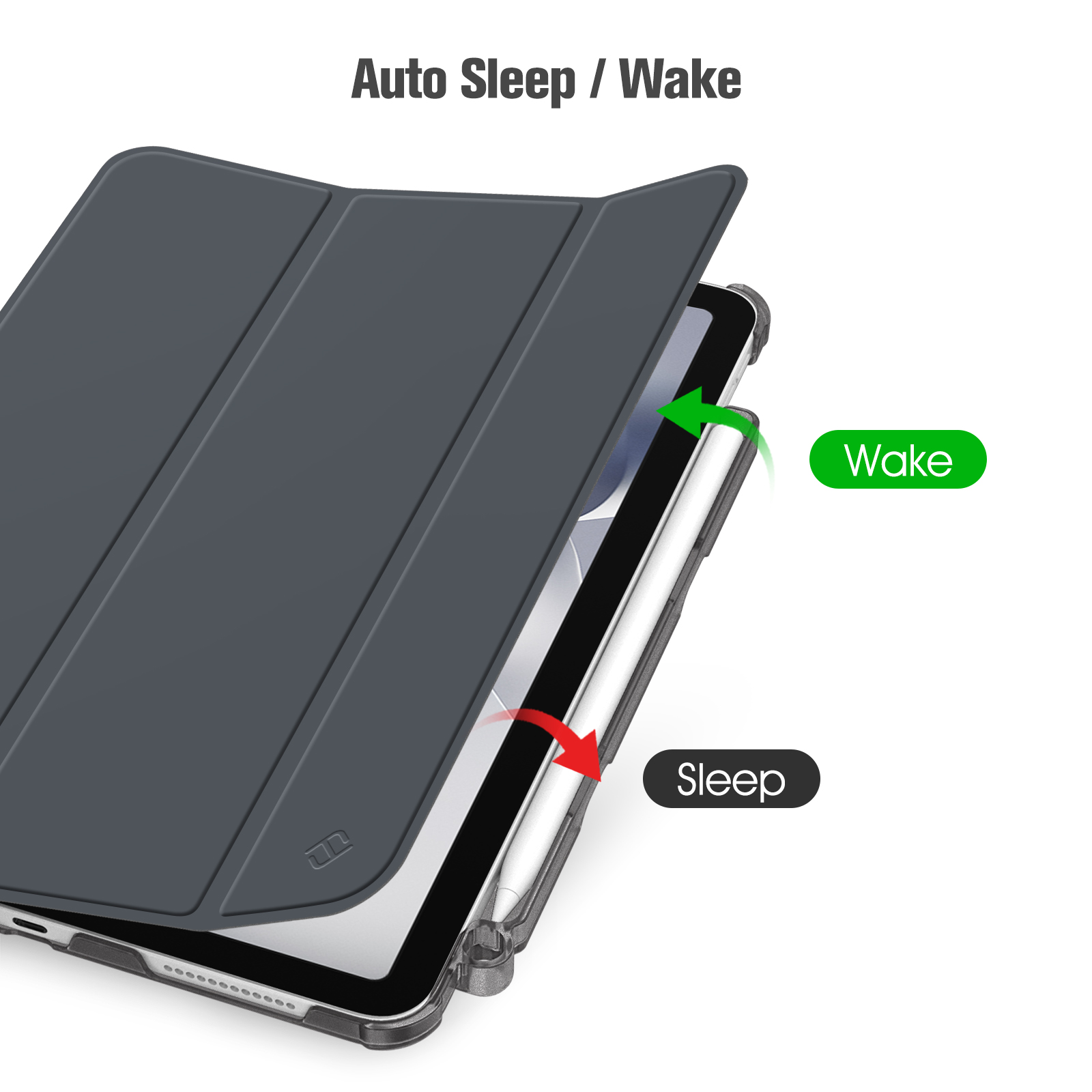 Ein iPad in einer Hülle mit Deckel. Es zeigt die Schlaf-/Weckfunktion. Pfeile zeigen die Aktionen an. Text: 'Auto Sleep/Wake'.