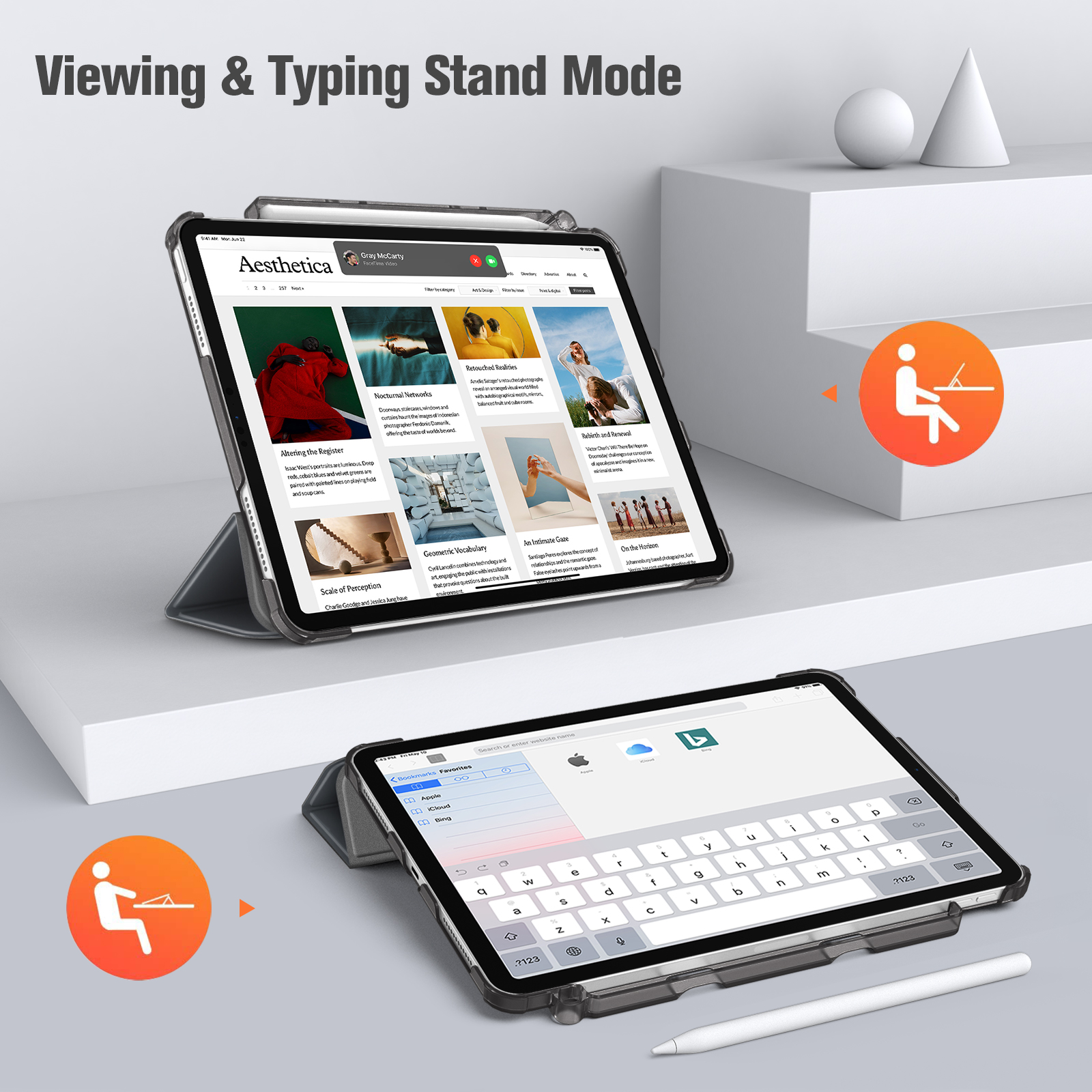 Zwei Tablets im Ständermodus, die eine Website und eine Tastatur zeigen. Eines hat einen Stift, der Hintergrund hat geometrische Formen.