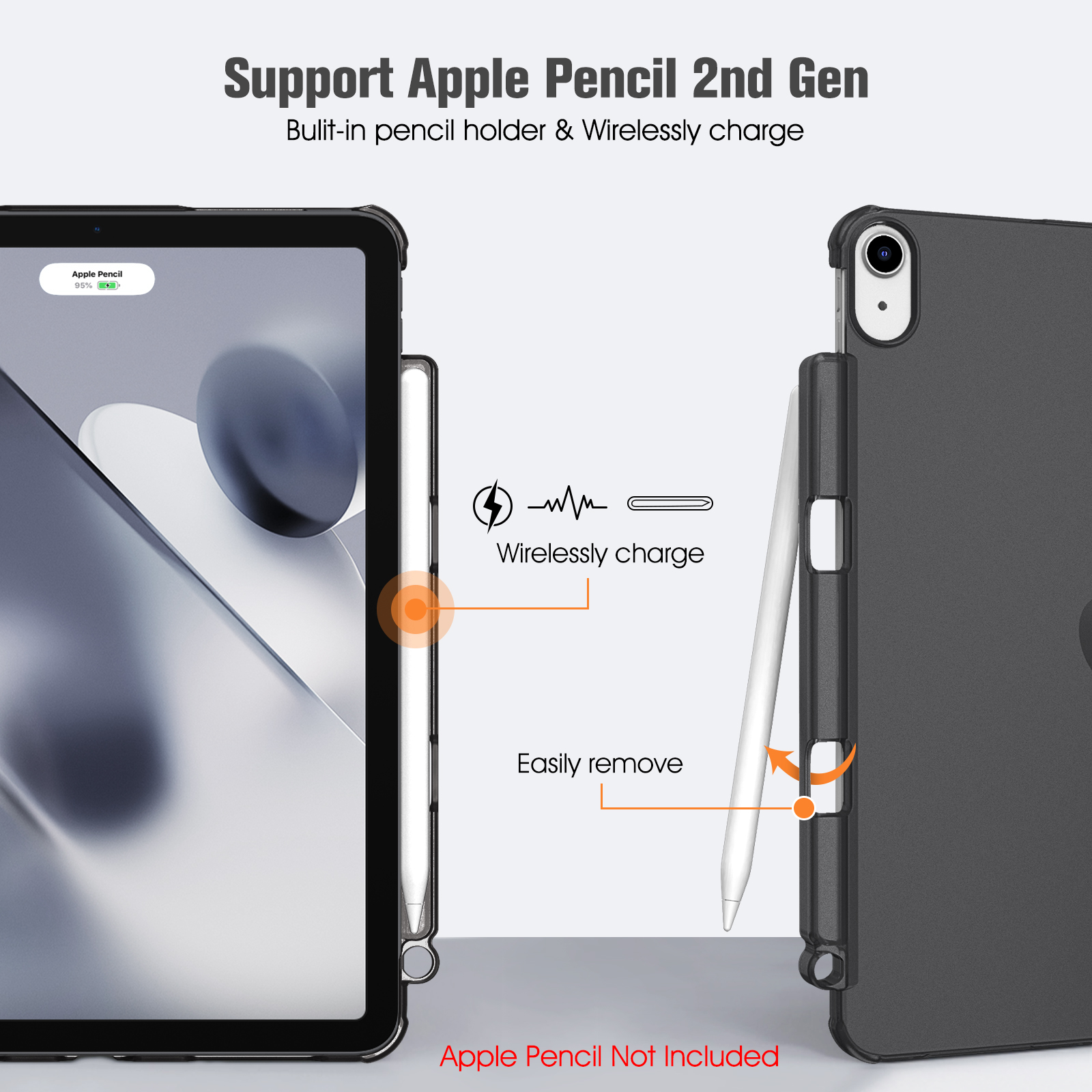 Ein iPad mit Apple Pencil, das kabelloses Laden und einfaches Entfernen hervorhebt. Text: Unterstützung für Apple Pencil 2nd Gen.