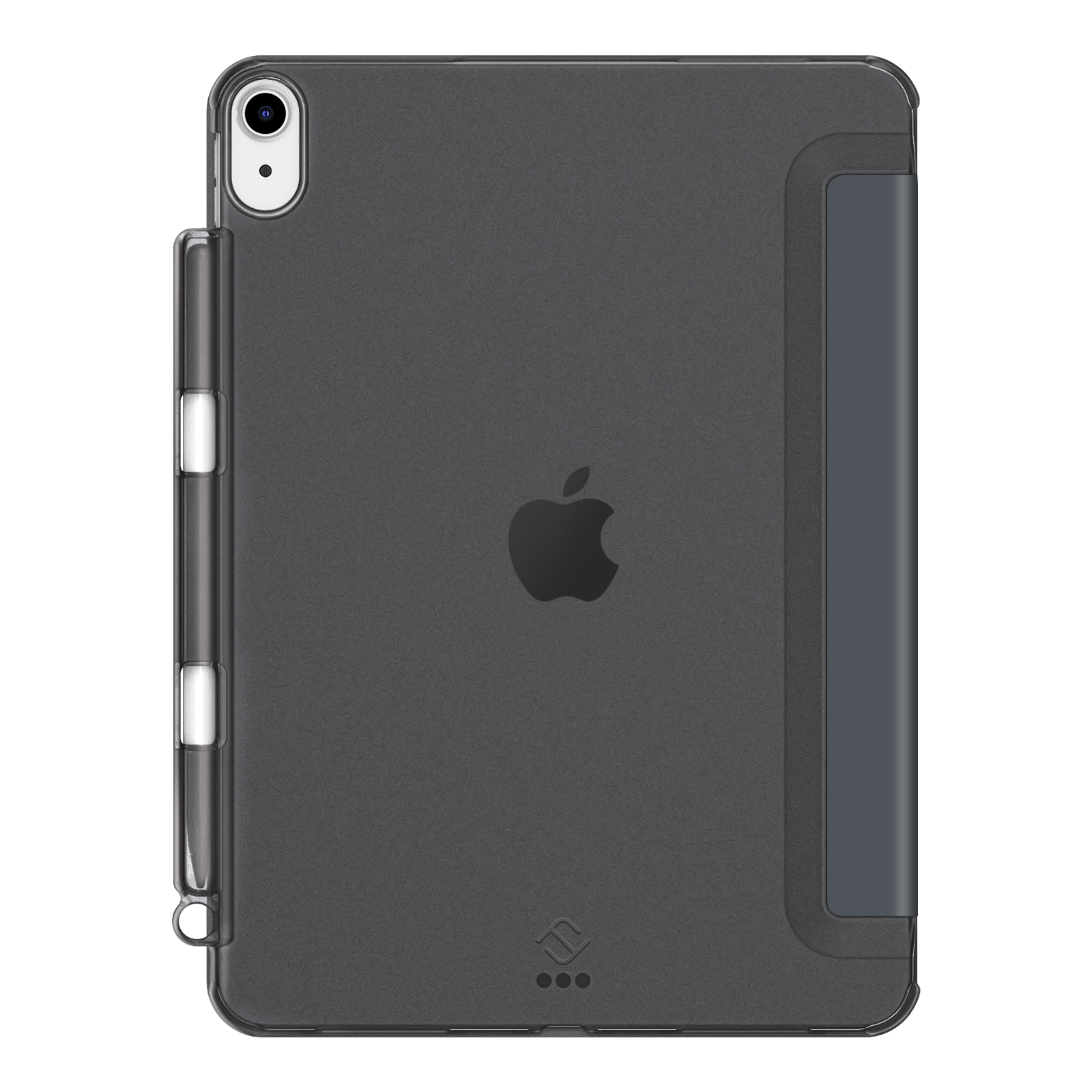 Ein dunkelgraues iPad in einer Hülle mit eingebautem Apple Pencil-Halter. Apple-Logo hinten sichtbar.