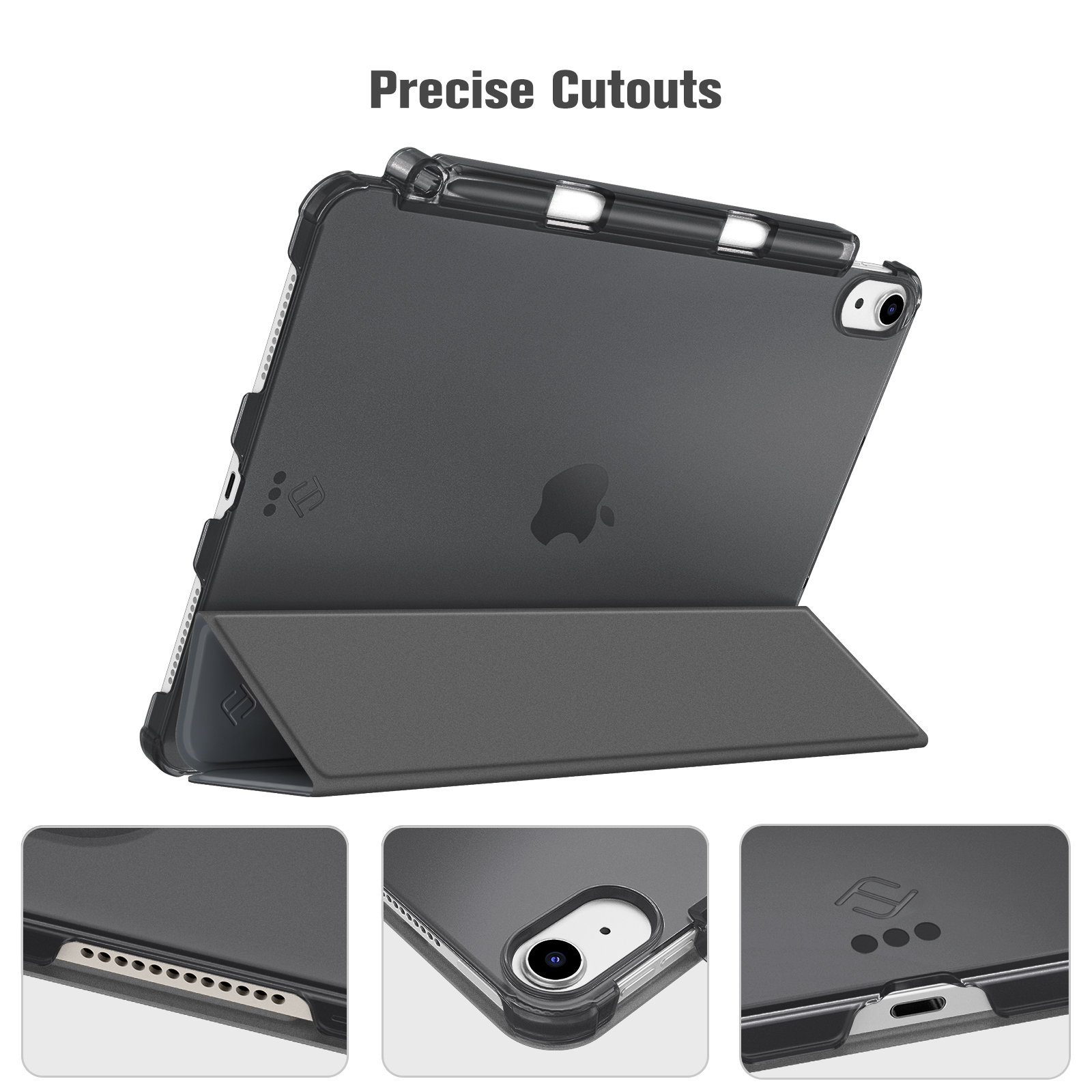 Ein iPad in einem grauen Gehäuse mit faltbarem Deckel. Präzise Aussparungen sind sichtbar. Das Apple-Logo ist auf der Rückseite.