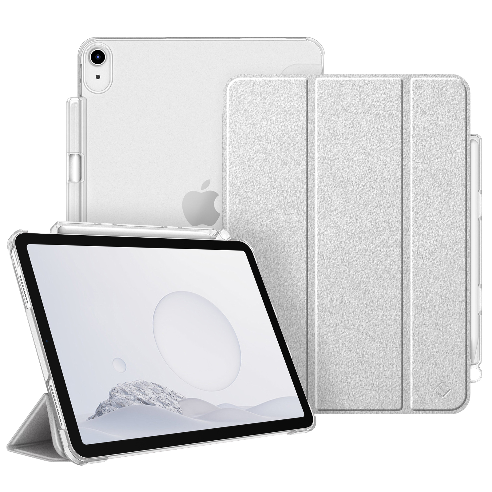 Weißes iPad mit durchsichtiger Hülle, einer geschlossenen Hülle und einem Stift. Der Bildschirm zeigt einen weißen Hintergrund mit einem grauen Kreis.