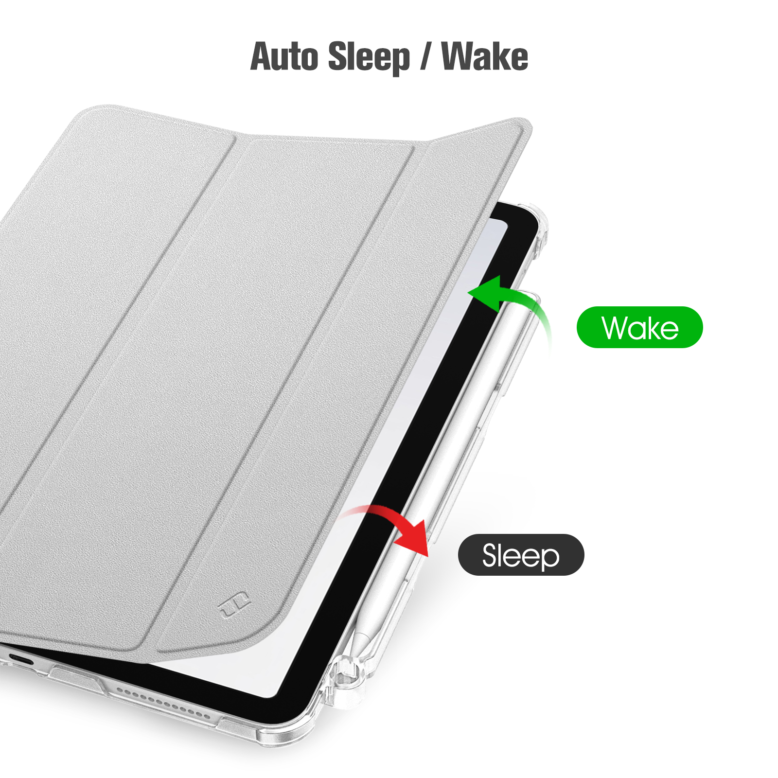 Das Bild zeigt ein Tablet mit grauem Cover. Pfeile zeigen 'Wake' und 'Sleep' Funktionen. Text lautet 'Auto Sleep / Wake'.
