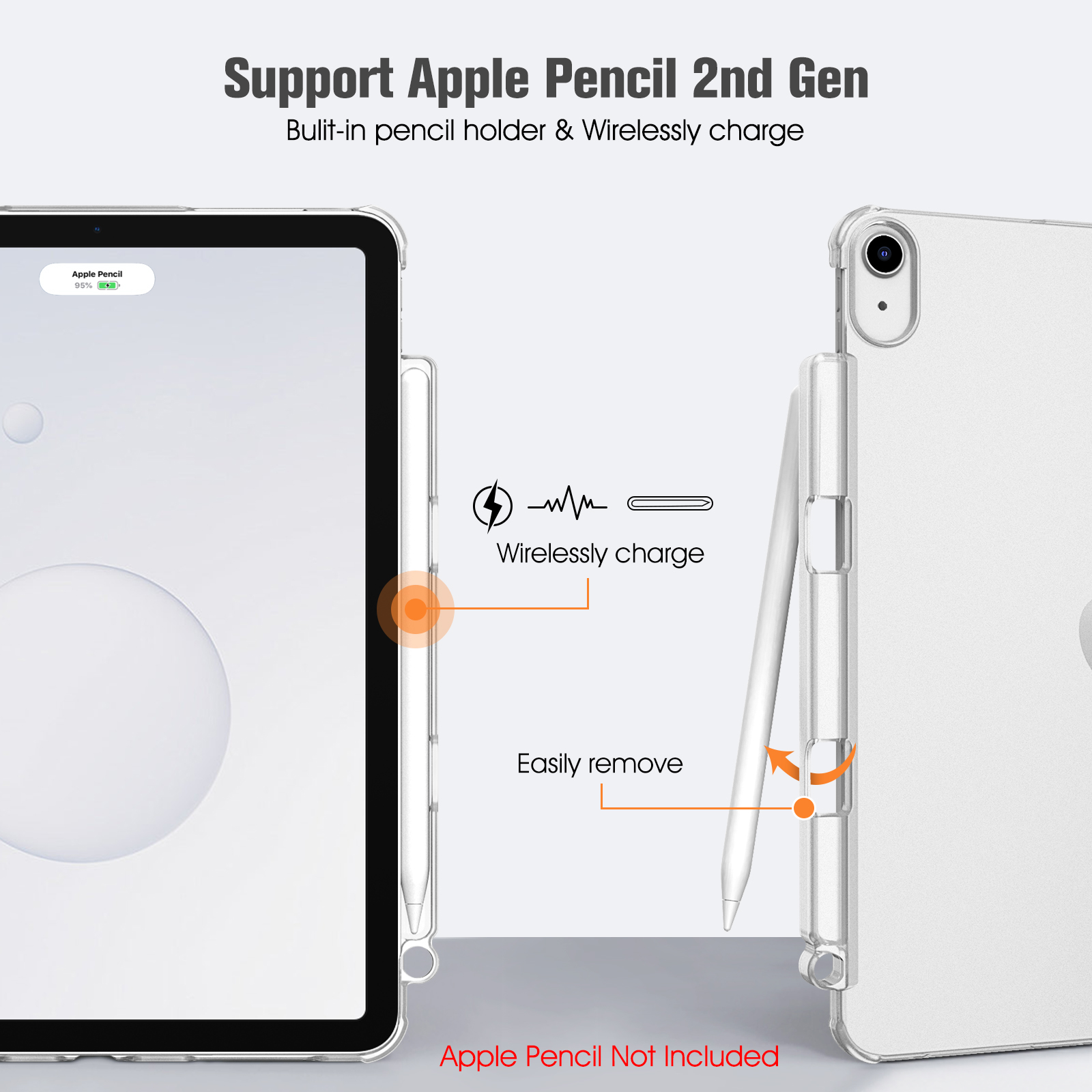 Das Bild zeigt ein iPad mit Stift. Die iPad-Hülle unterstützt kabelloses Laden und einfaches Entfernen des Stifts. Text besagt, dass der Apple Pencil nicht enthalten ist.
