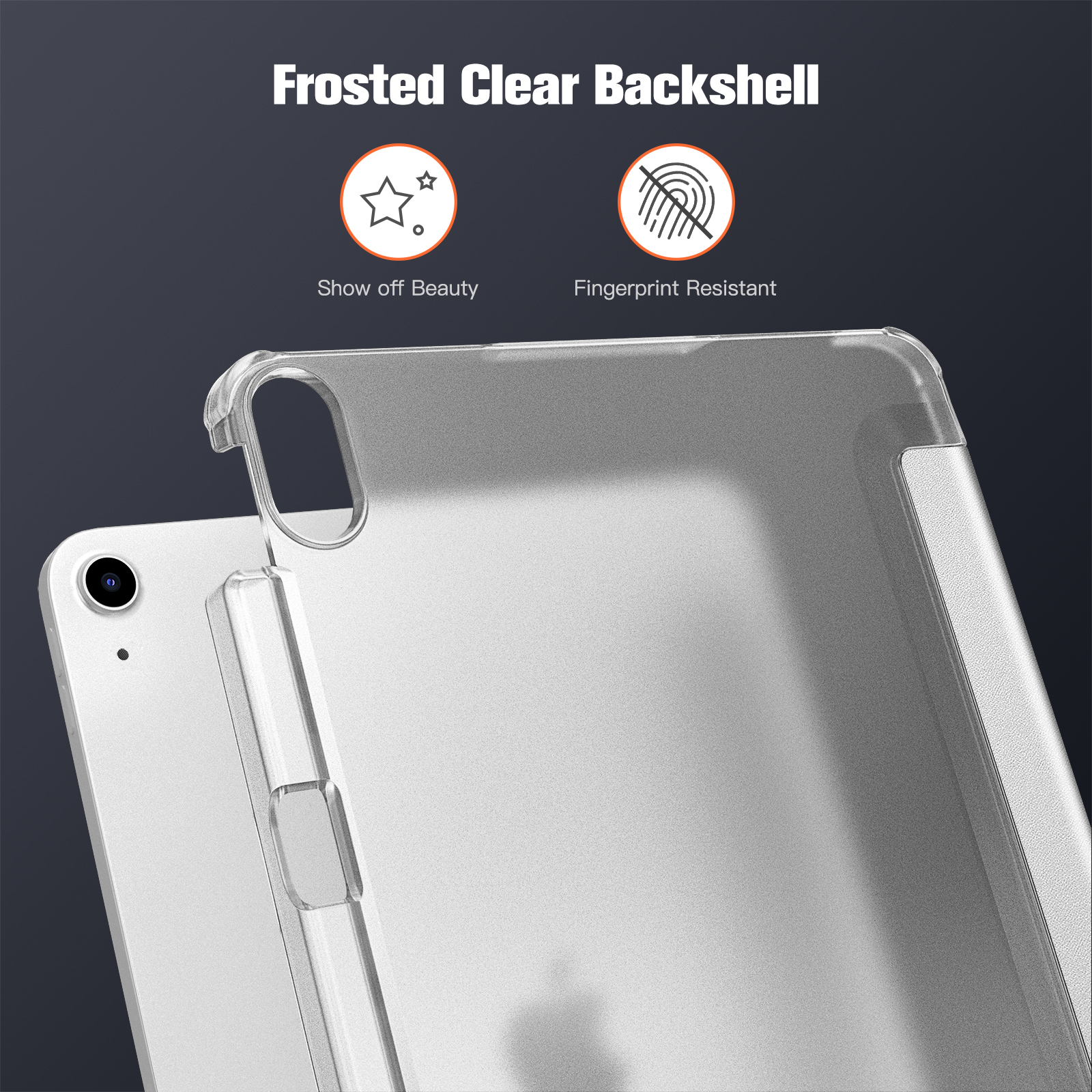 Eine klare Handyhülle auf einem Tablet mit dem Text: 'Frosted Clear Backshell'. Symbole für Schönheit und Fingerabdruckresistenz.