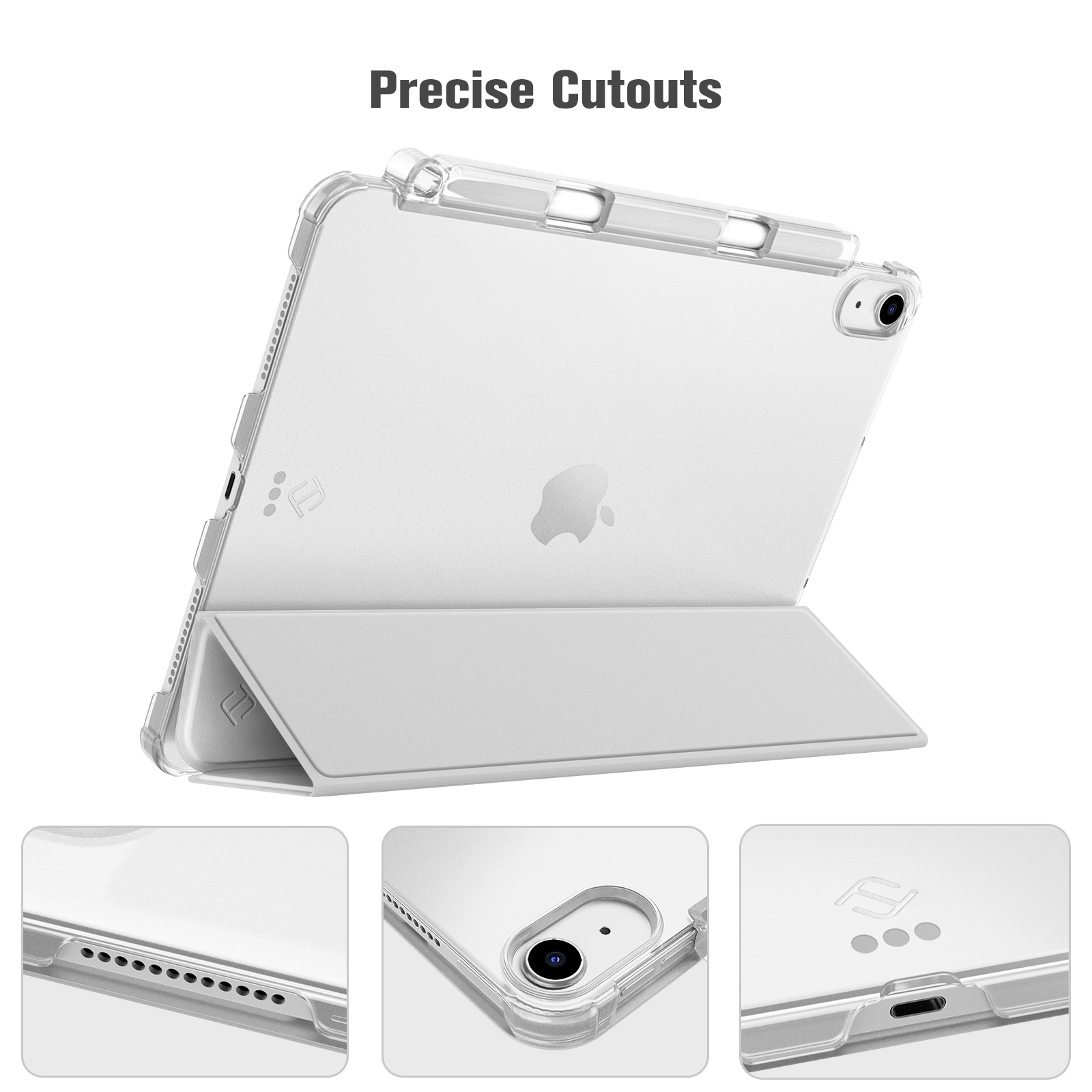 Ein weißes iPad in einer transparenten Hülle mit gefaltetem Cover. Präzise Ausschnitte sind sichtbar.