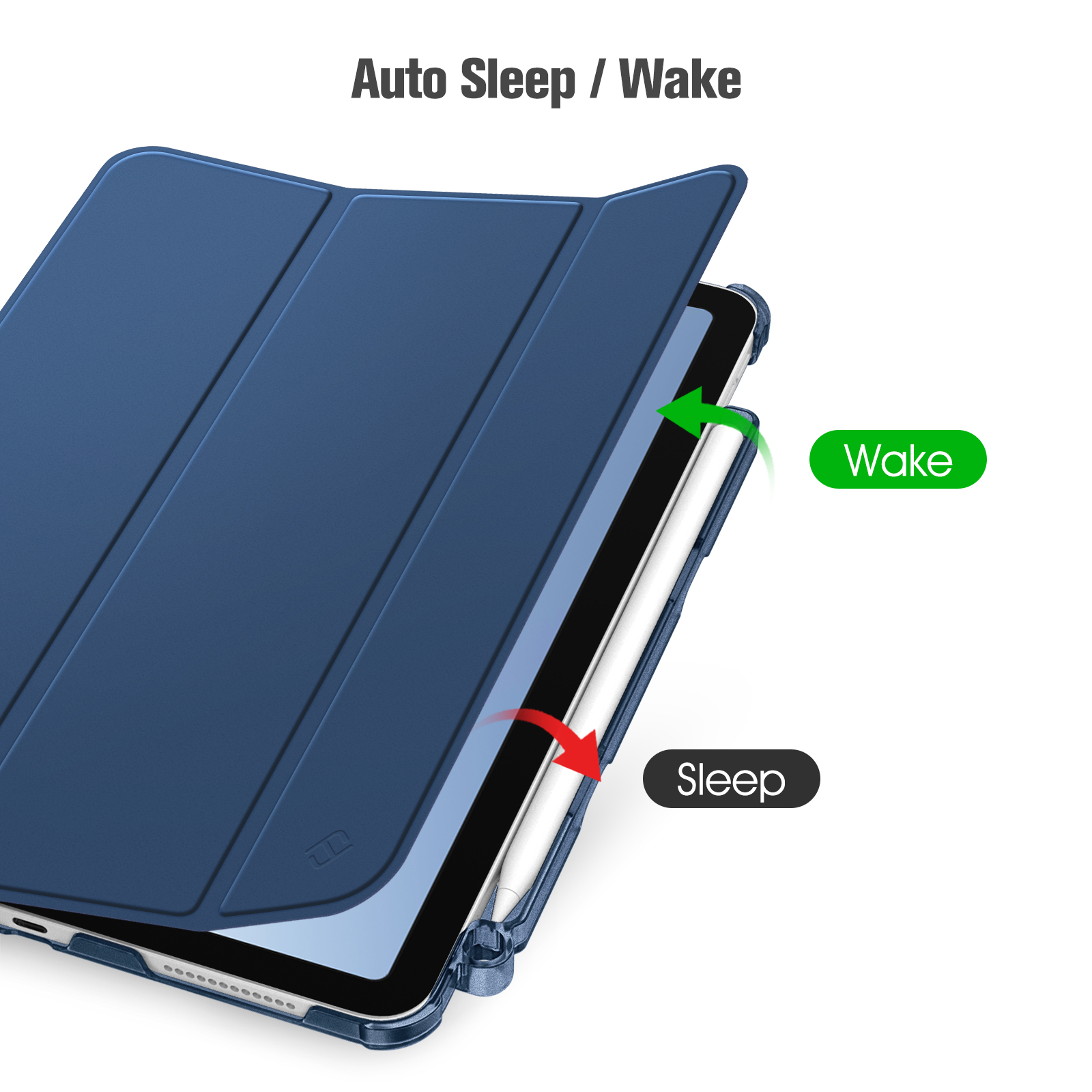 Eine blaue Tablethülle mit Auto-Sleep/Wake-Funktion. Pfeile zeigen Schlaf-/Weckaktionen an. Ein Stift ist sichtbar.