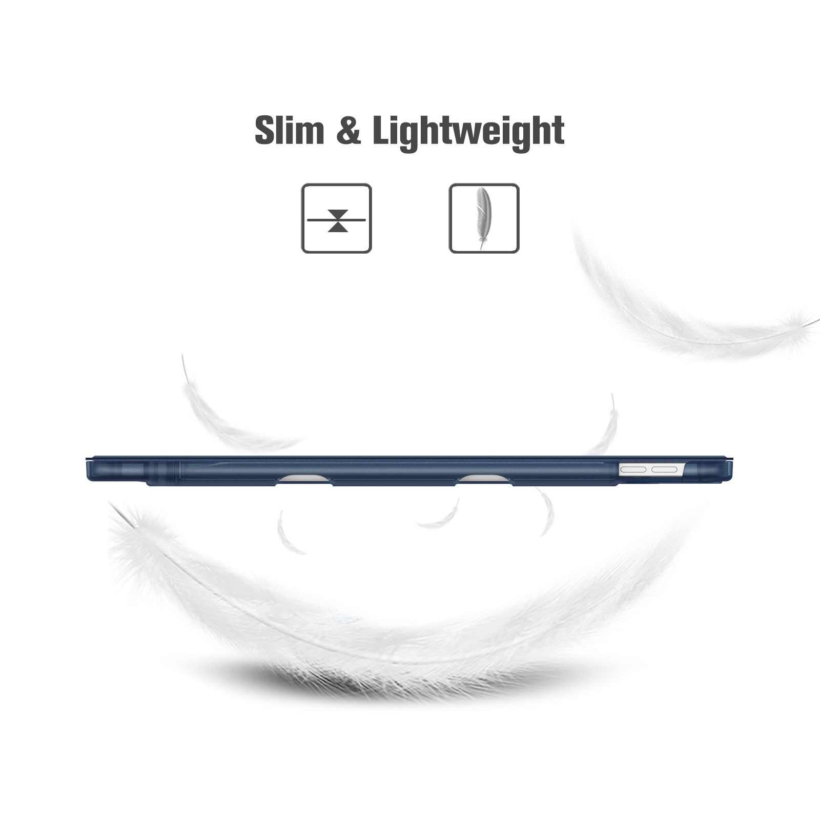 Eine blaue Handyhülle wird angezeigt. Das Bild enthält den Text Slim & Lightweight, Symbole und weiße Federn.
