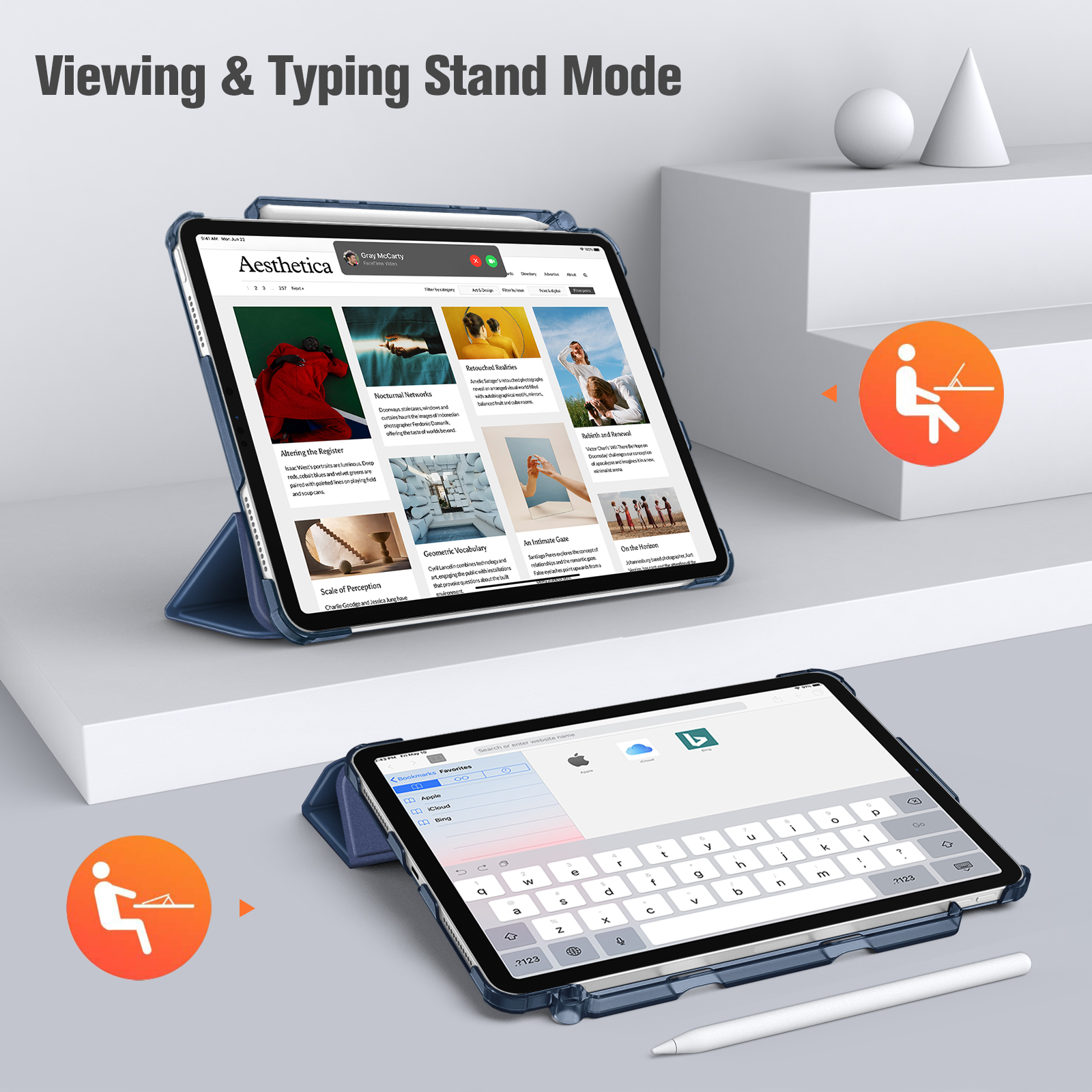 Zwei Tablets, eines im Standmodus, das eine Website zeigt. Ein weiteres mit Tastatur. Weißer Stift vorhanden.