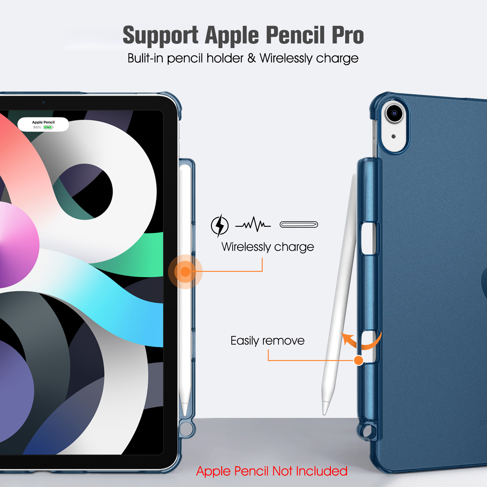 Das Bild zeigt ein iPad mit einem Stift. Zu den Funktionen gehören kabelloses Laden und einfaches Entfernen des Stifts.