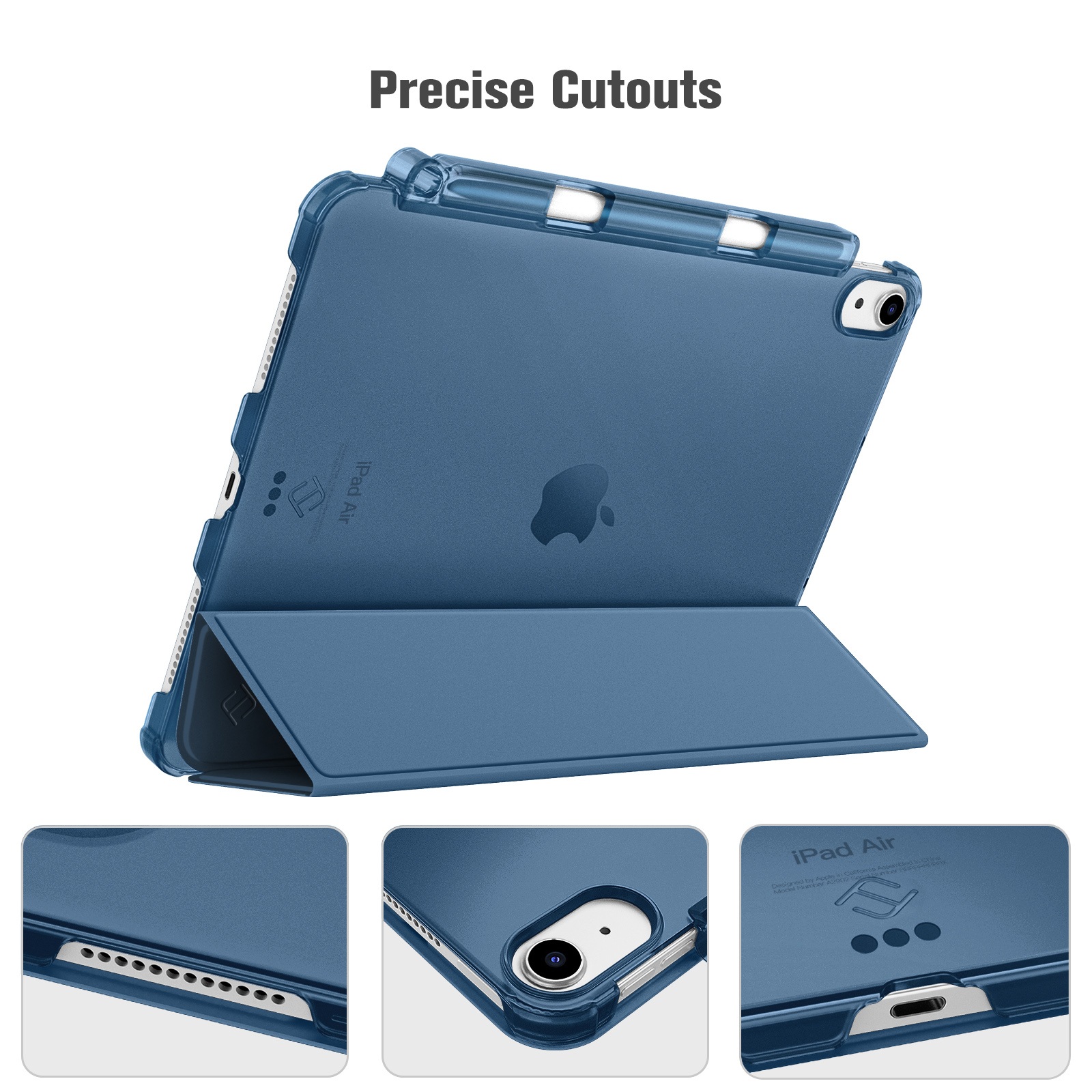 Blaues iPad Air in einer Schutzhülle. Die Hülle hat präzise Aussparungen und eine faltbare Abdeckung. Nahaufnahmen von Details.