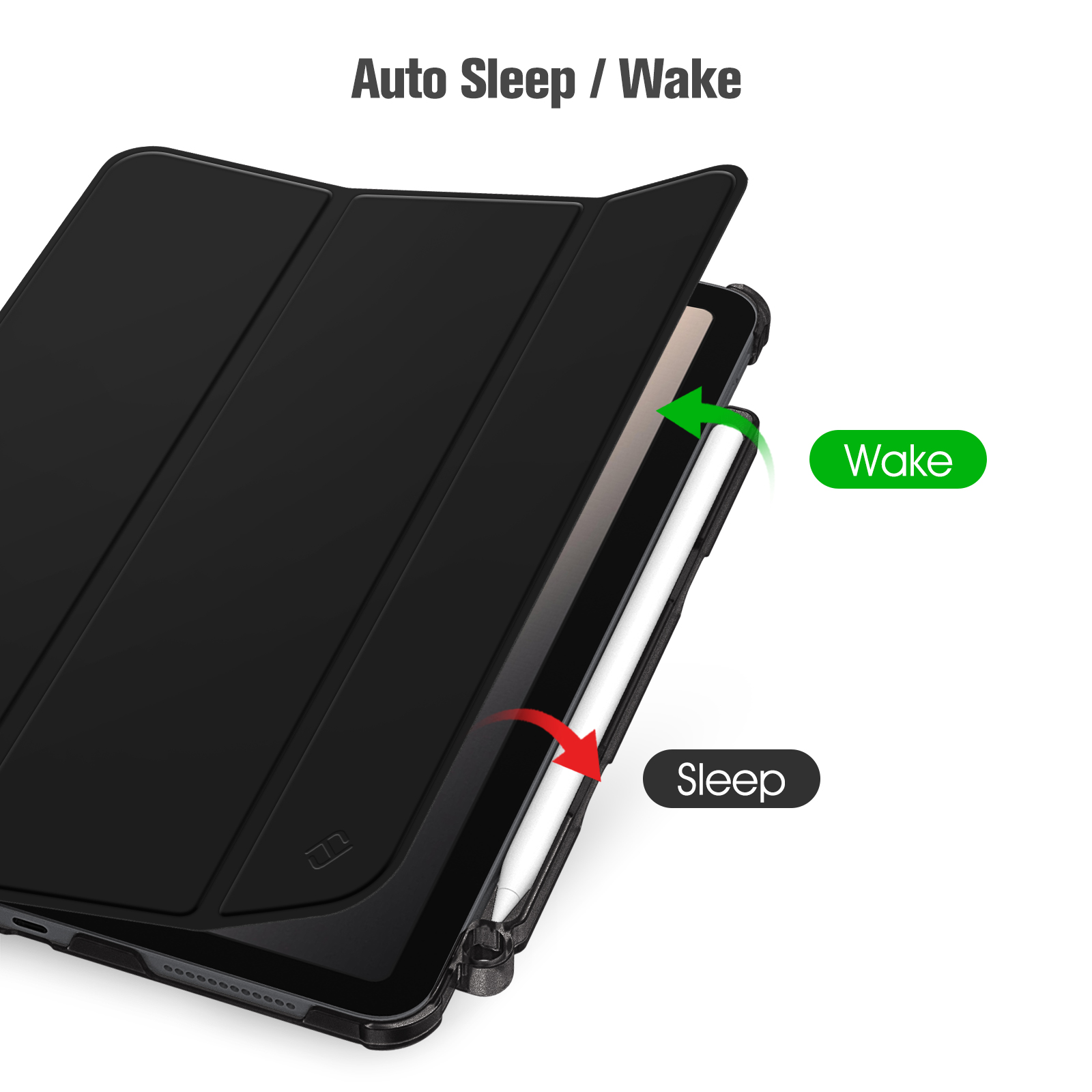 Schwarze Tablethülle mit offenem Deckel. Grüner Pfeil zeigt auf 'Wake', roter Pfeil auf 'Sleep'. Weißer Stift sichtbar.