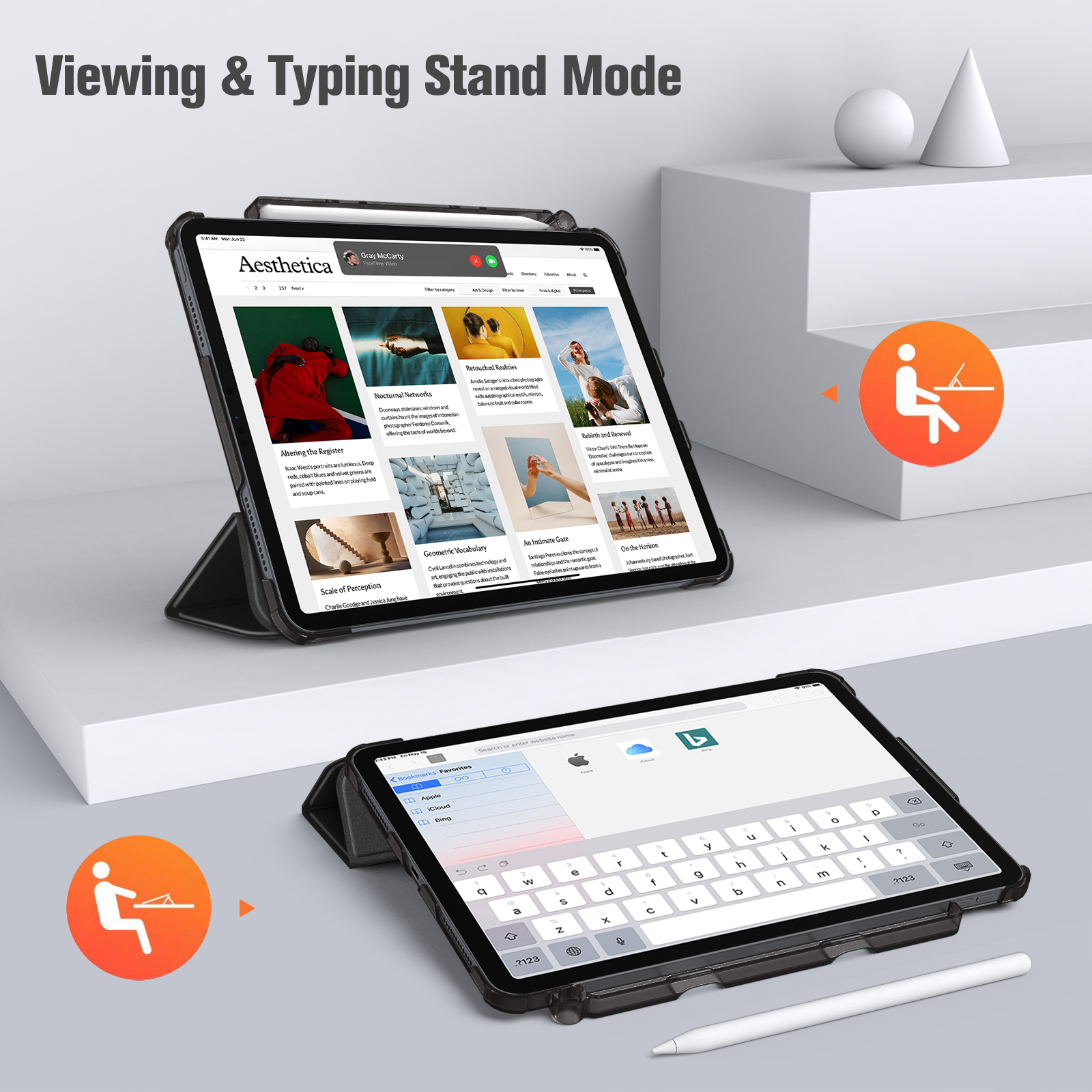 Zwei iPads im Ständermodus. Eines zeigt eine Webseite, das andere eine Tastatur. Ein weißer Stift ist ebenfalls vorhanden.