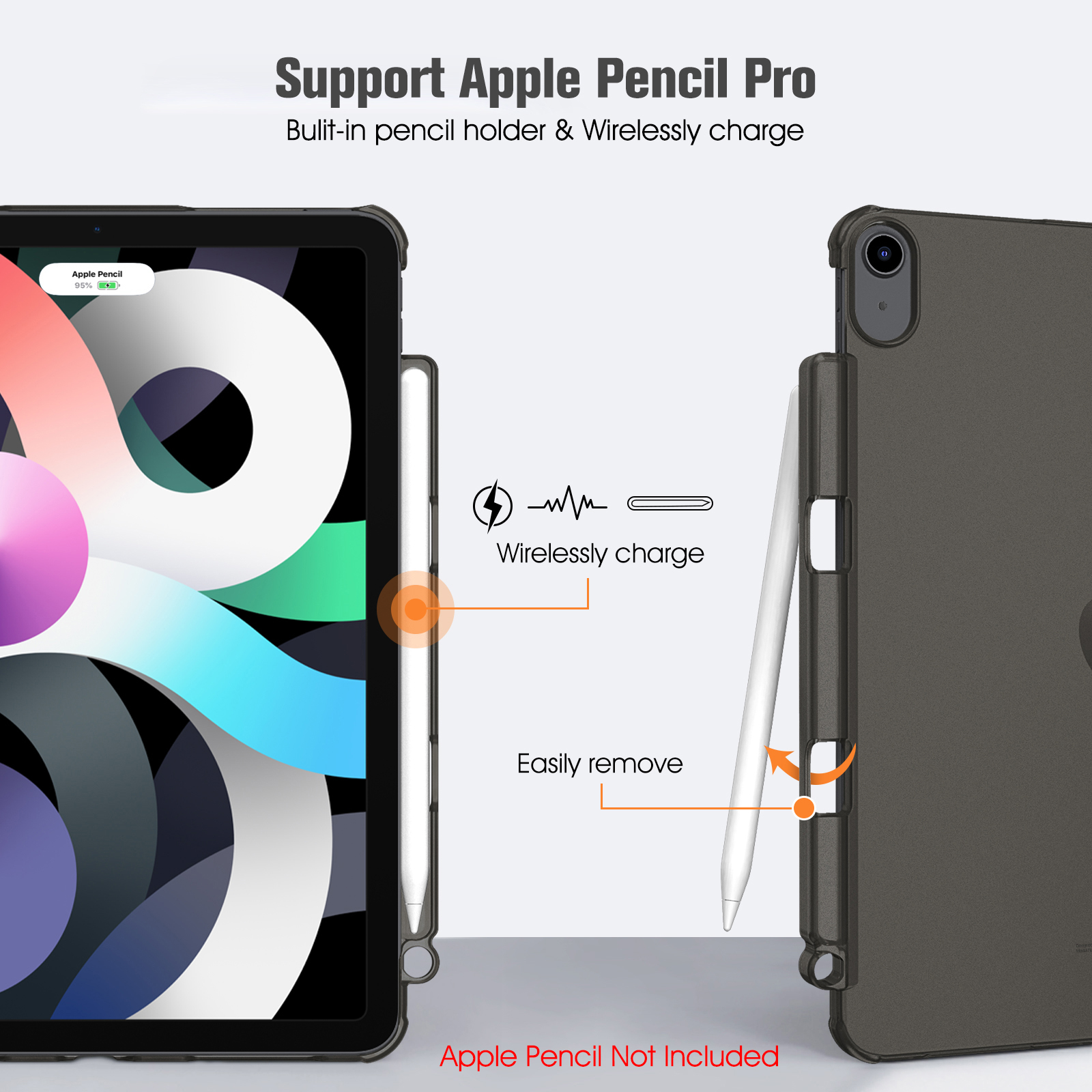 Ein iPad mit Stift und Hülle. Text lautet 'Support Apple Pencil Pro'. Enthält ein Symbol für kabelloses Laden.