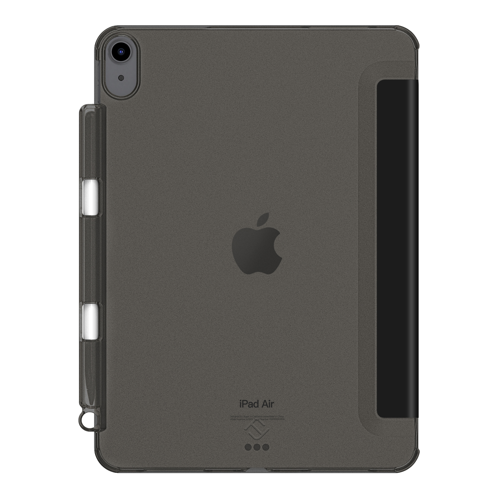 Ein dunkelgraues iPad Air in einer Hülle mit Stifthalter. Das Apple-Logo ist sichtbar.