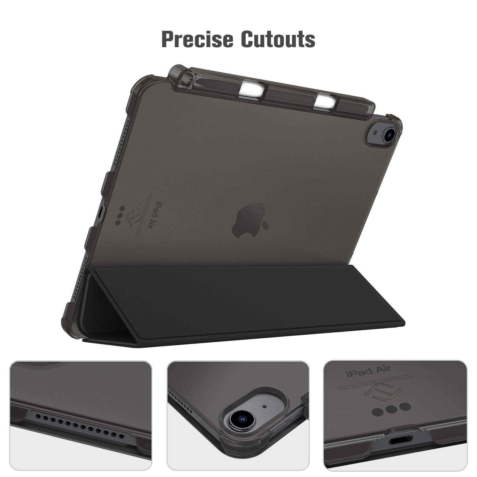 Ein iPad Air in einer transparenten Hülle, gefaltete Abdeckung. Präzise Ausschnitte sind sichtbar. Apple-Logo. Drei Detailbilder.