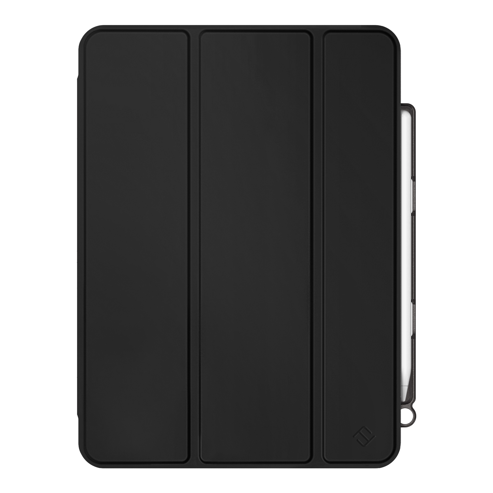 Eine schwarze Tablethülle mit Magnetverschluss ist abgebildet, und ein weißer Stift ist an der Seite befestigt.