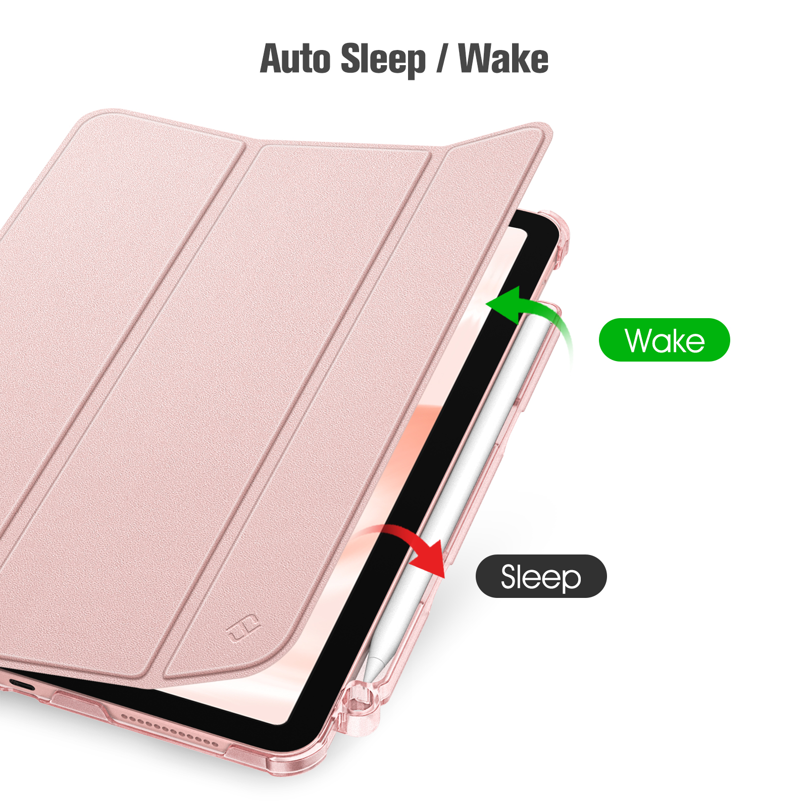 Eine rosa Tablethülle zeigt 'Auto Sleep/Wake'. Ein Pfeil zeigt das Aufwachen, ein anderer das Schlafen. Ein Stift ist sichtbar.