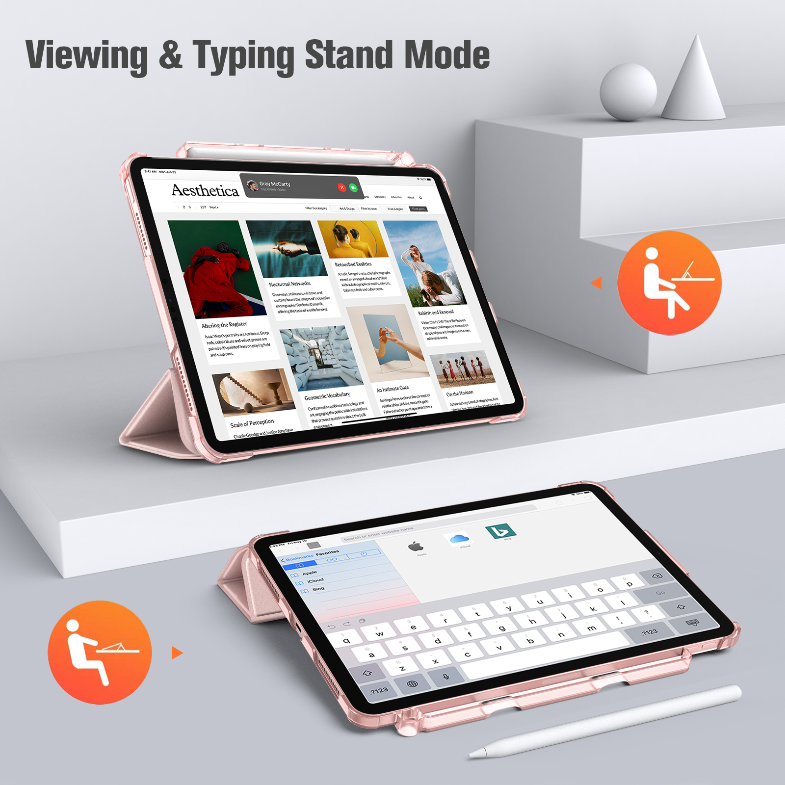 Zwei iPads im Standmodus. Eines zeigt eine Website, das andere eine Tastatur. Der Hintergrund hat geometrische Formen.