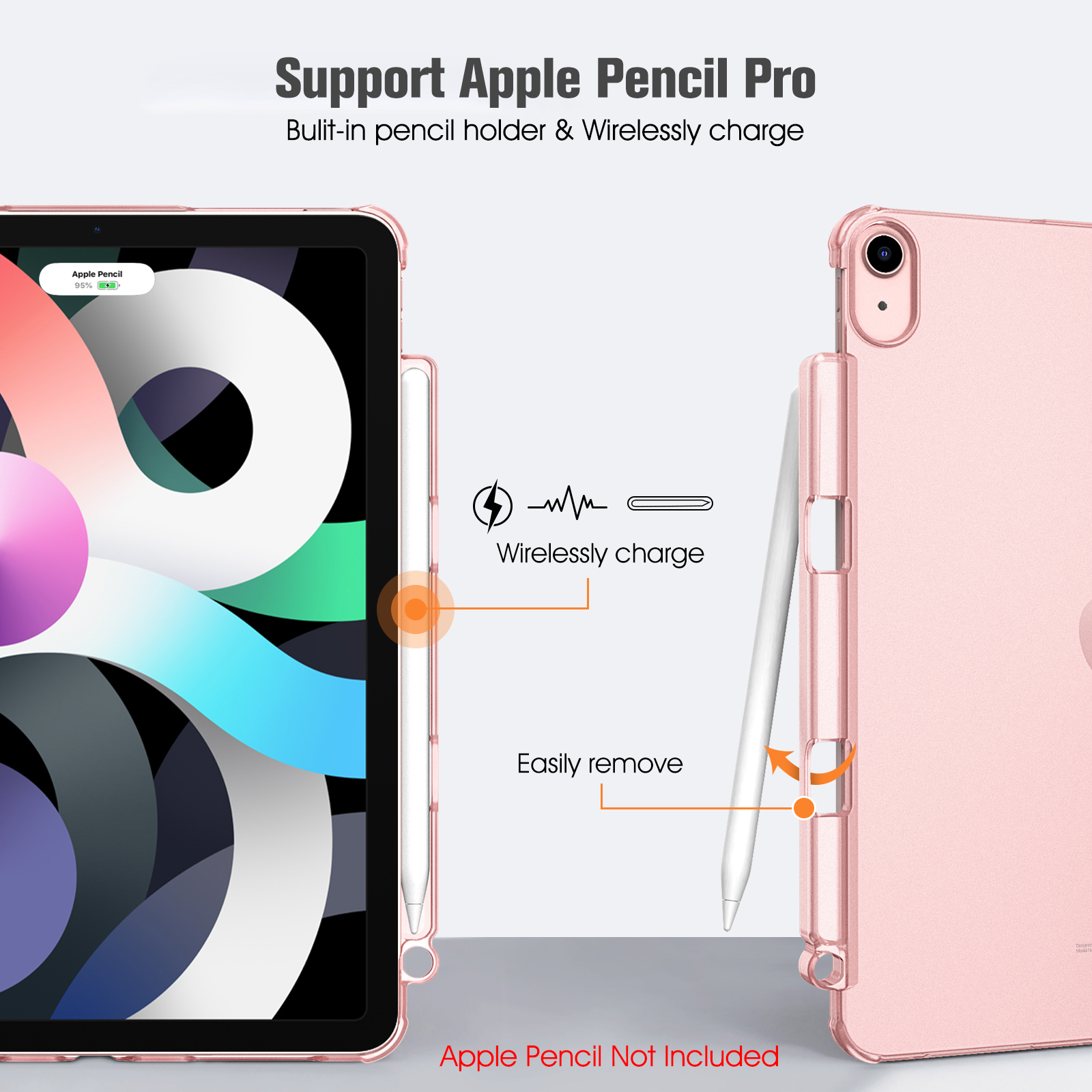 Das Bild zeigt ein iPad mit Stift, wobei kabelloses Laden und einfaches Entfernen hervorgehoben werden. Die Hülle ist rosa.