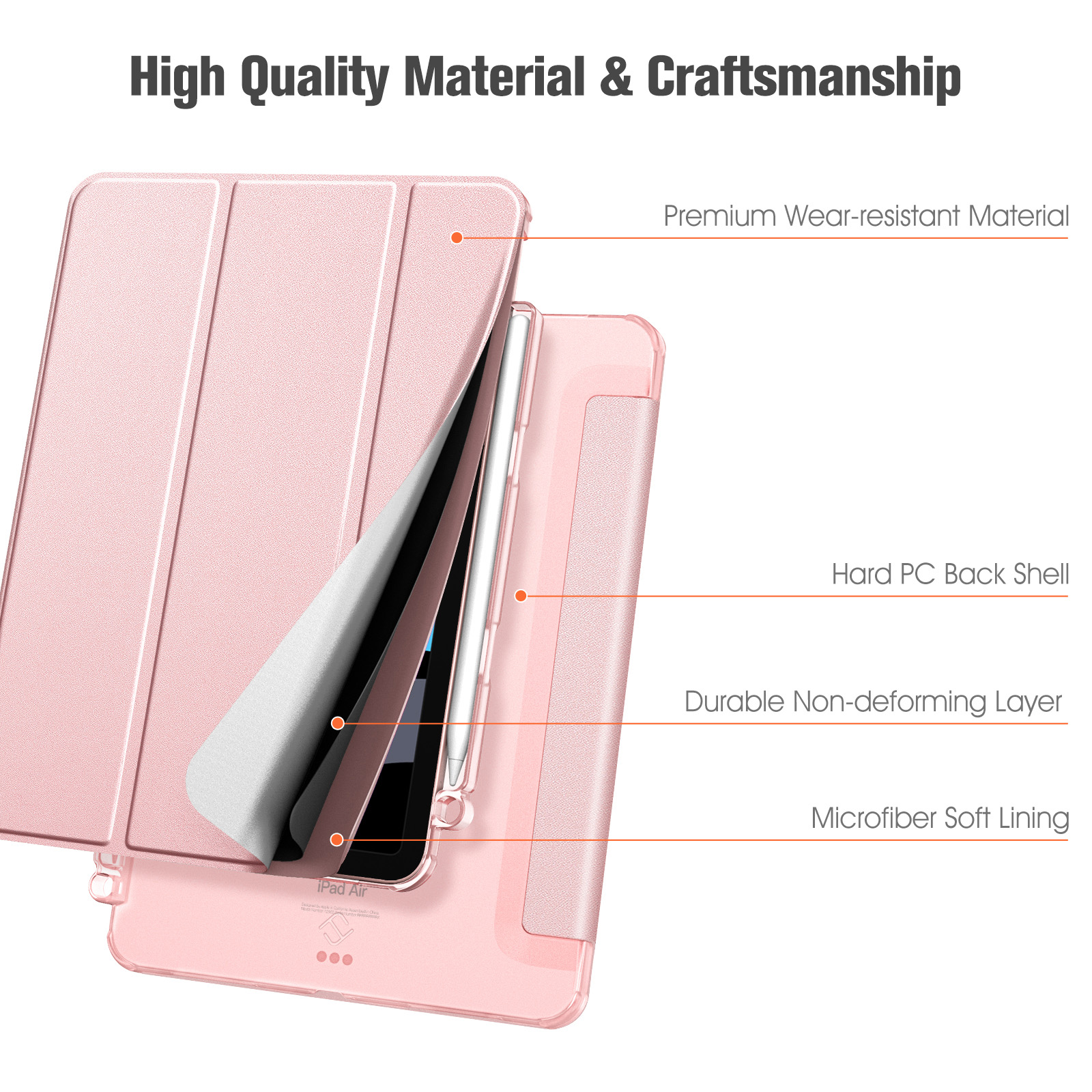 Rosa Tablethülle mit Etiketten: Premium-Material, Hartschale, verformungsfreie Schicht und Mikrofaserfutter. Ein Stift ist sichtbar.