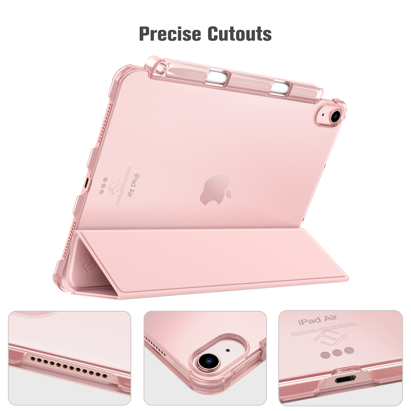 Ein pinkfarbenes iPad Air in einer durchsichtigen Hülle mit präzisen Aussparungen. Die Hülle ist offen und zeigt das Tablet und sein Design.