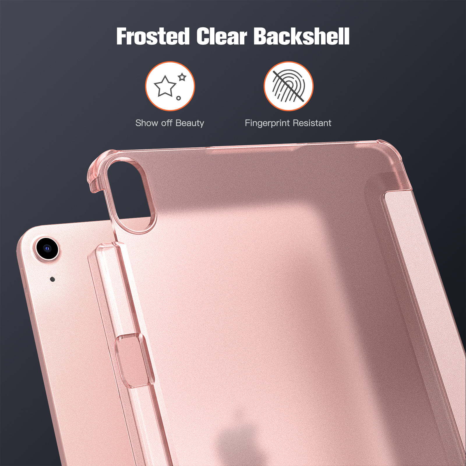 Eine rosa iPad-Hülle. Es ist eine matte, transparente Rückschale mit einem Sternsymbol und einem Symbol für Fingerabdruckresistenz.