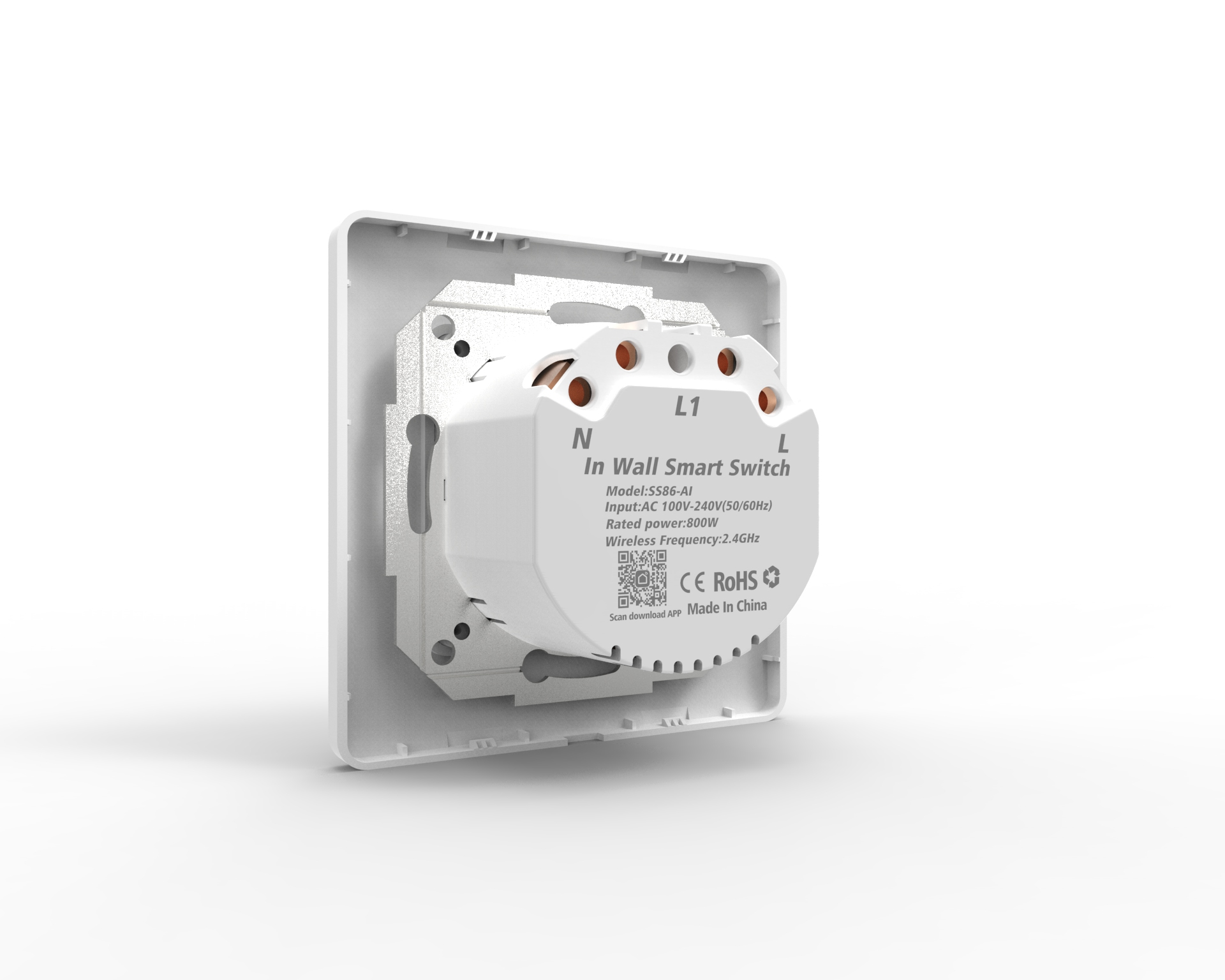 Ein weißer Smart-In-Wall-Schalter, teilweise zerlegt, zeigt die Rückseite und die internen Komponenten. Es hat Etiketten und einen QR-Code.