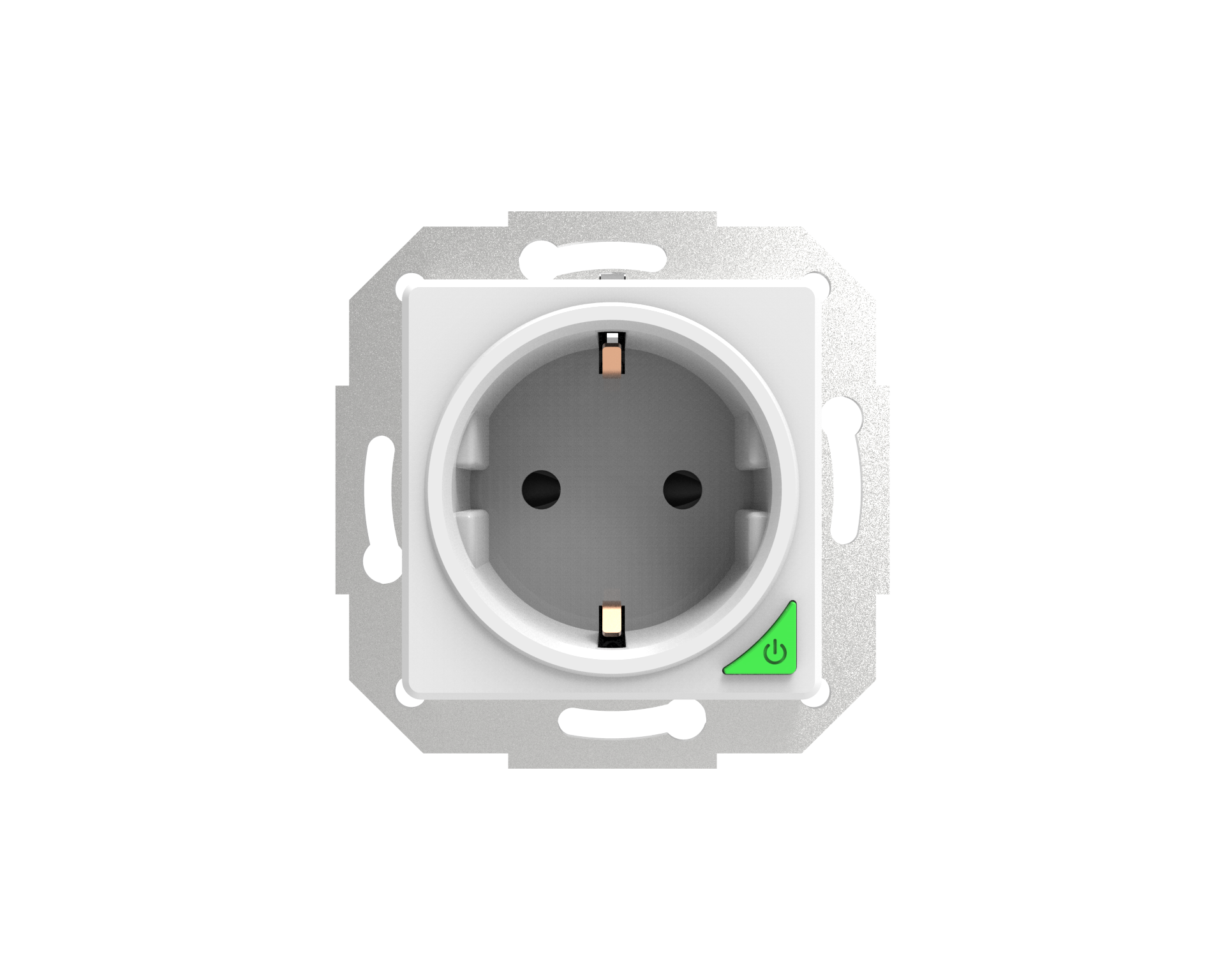 Eine weiße Steckdose mit grünem Power-Knopf und Metall-Montageplatte. Die Steckdose hat zwei Löcher und einen Erdungsstift.