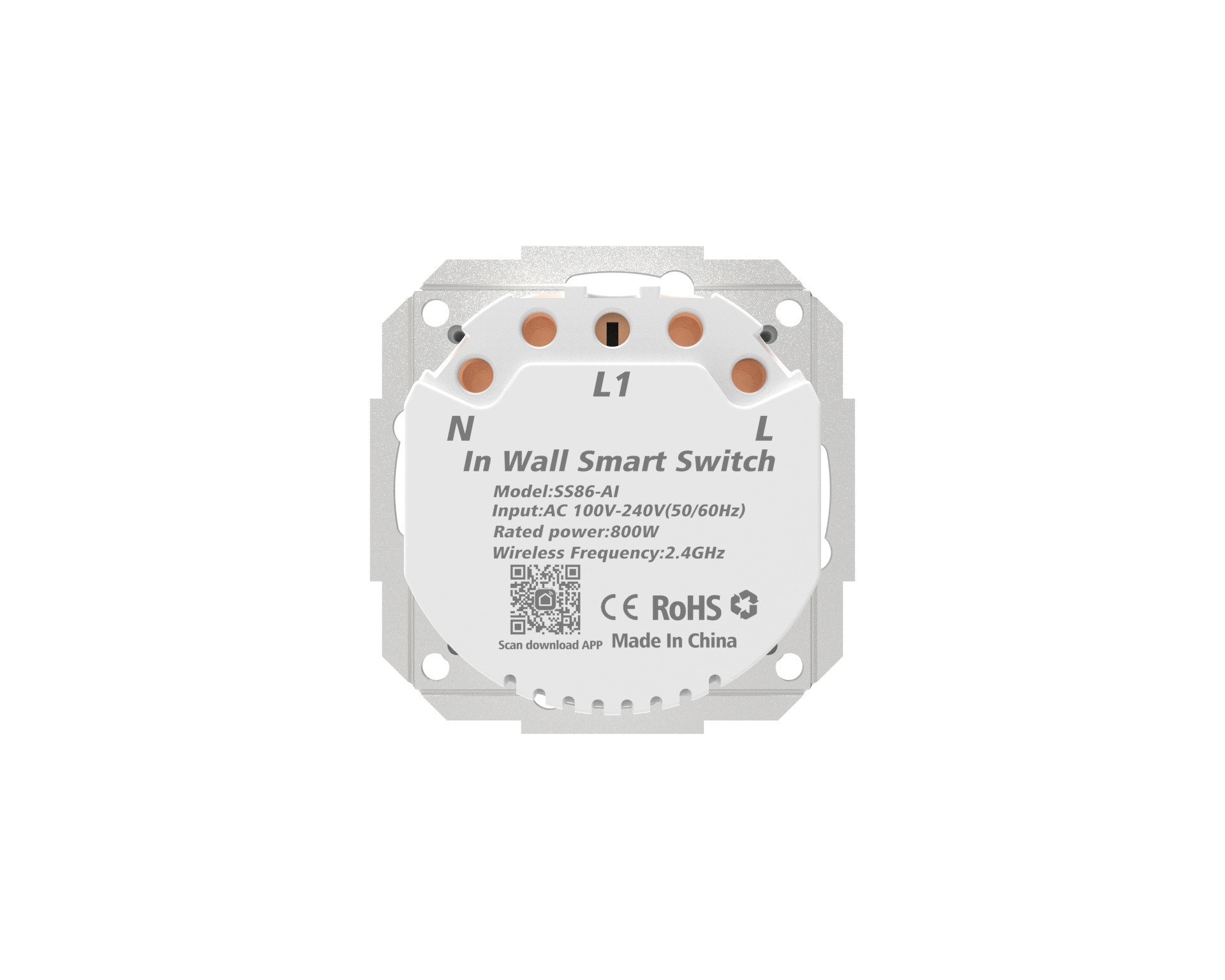 Ein weißer In-Wall Smart Switch mit Textbeschriftungen wie N, L1 und L. Er hat einen QR-Code und Made in China.