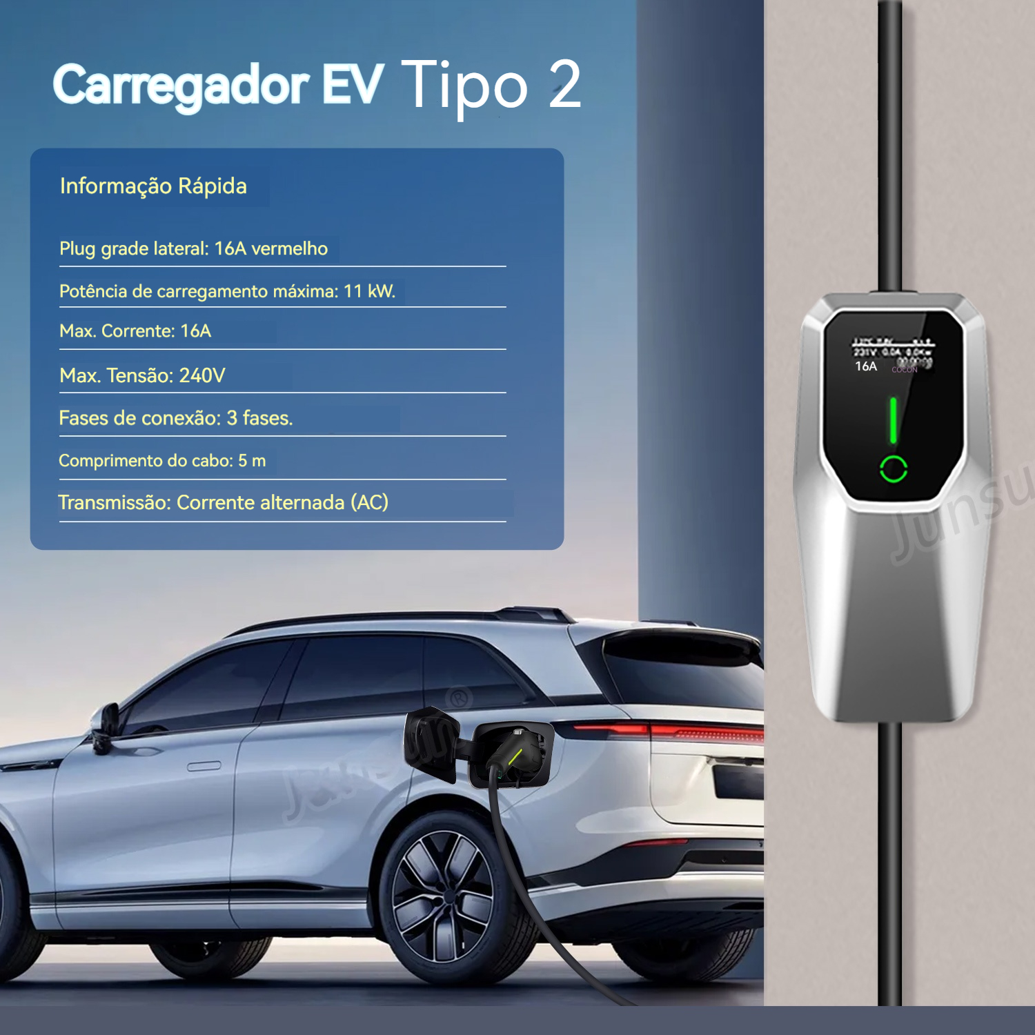 Un coche eléctrico cargando. Una estación de carga está conectada al coche. También se muestra información sobre el cargador y un texto en portugués.