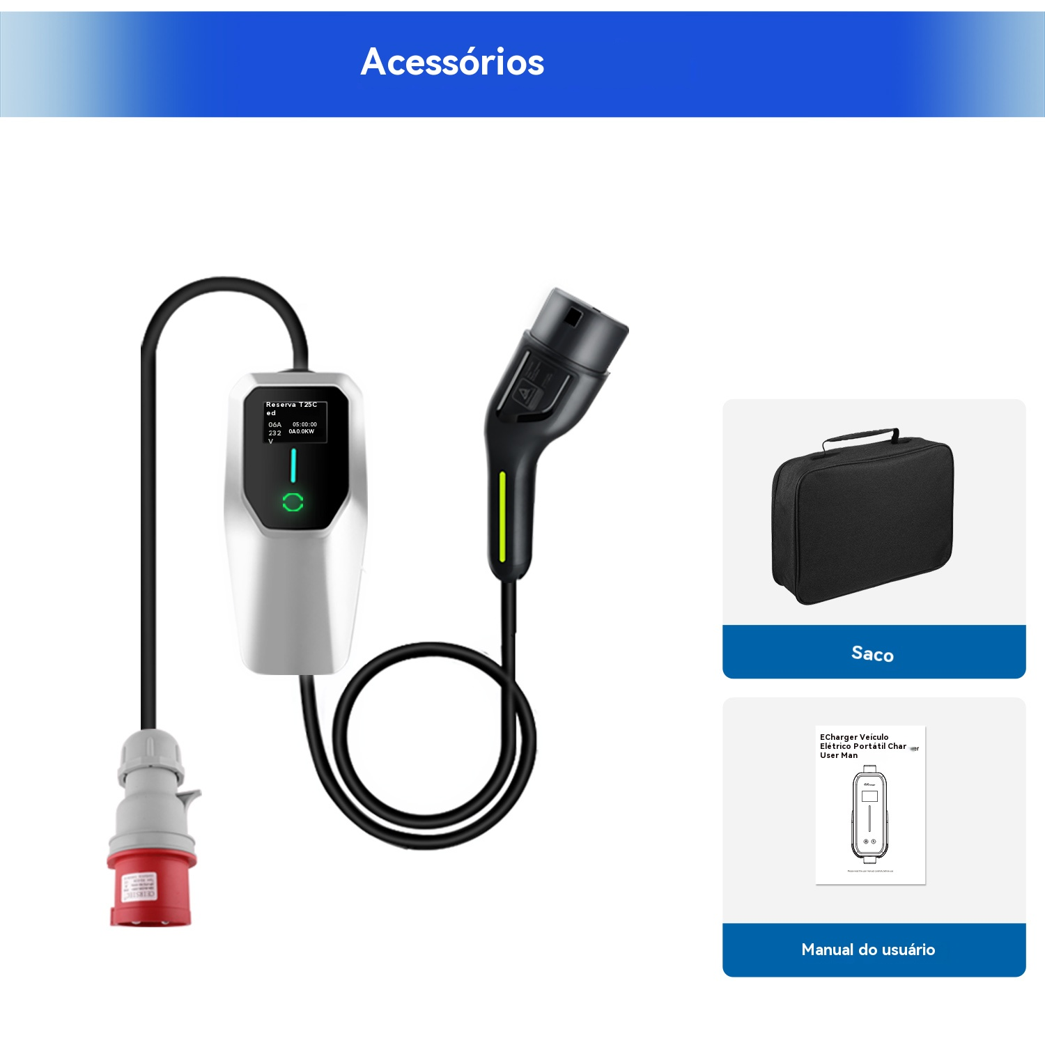 Imagen muestra accesorios: un cargador, una bolsa y un manual. El cargador tiene una pantalla y un conector. La bolsa es negra.