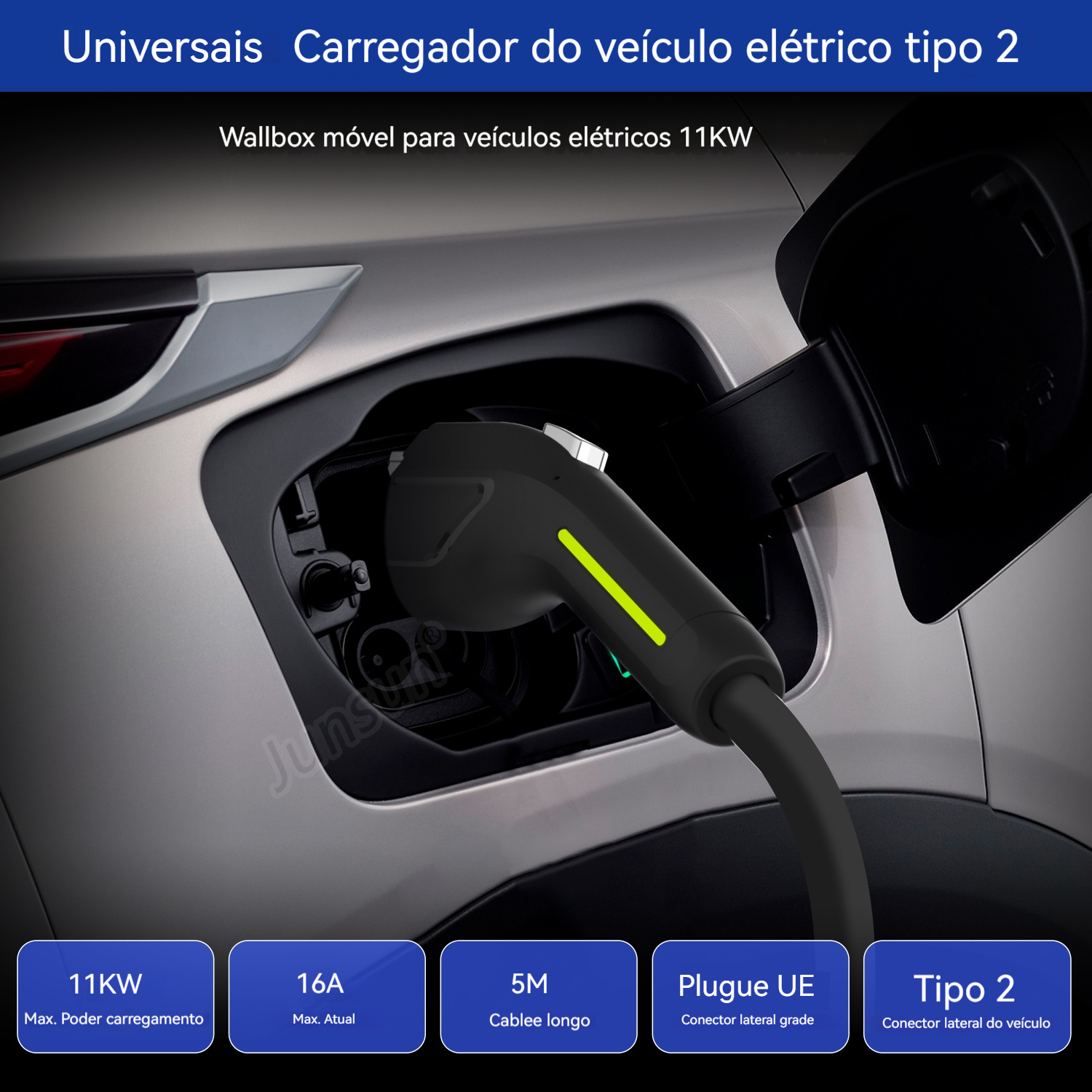 Un cargador de coche eléctrico enchufado al coche. El cargador es negro con una luz verde. El texto indica especificaciones.