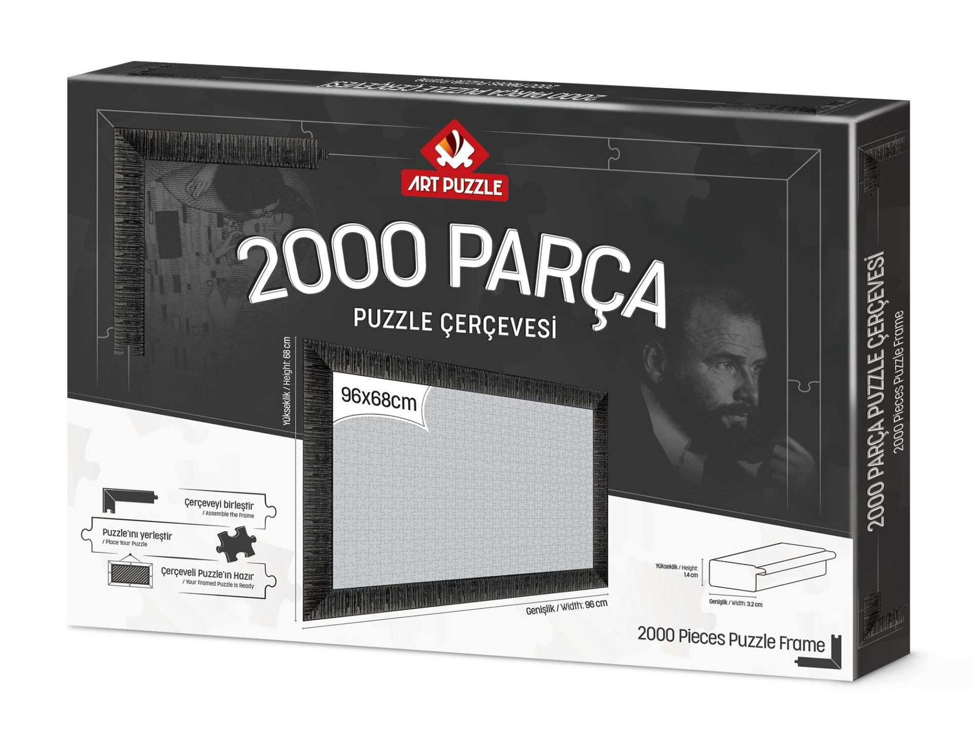 '2000 PARÇA PUZZLE ÇERÇEVESİ' yazılı bir yapboz çerçeve kutusu. Bir çerçeve illüstrasyonu, boyutları ve bir adamın portresine sahip.