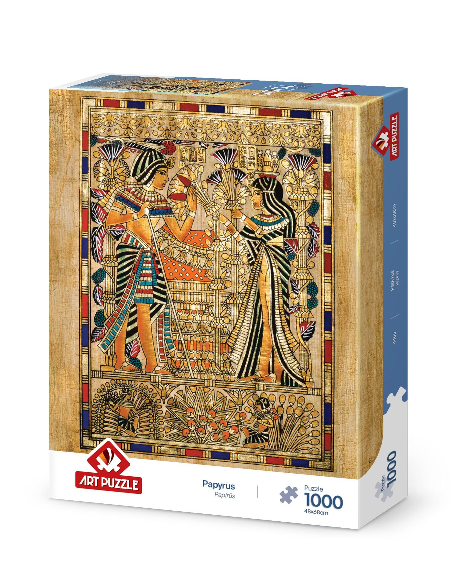 Una scatola di puzzle con una scena d'arte egizia. Due figure con copricapo sono sul davanti. Sono presenti colori oro, rosso, blu e nero.
