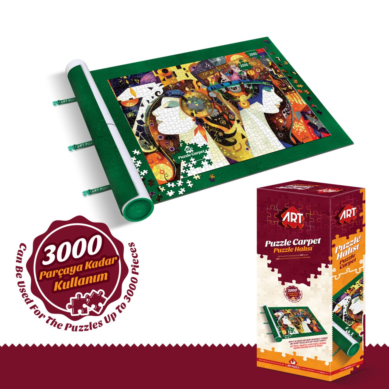 Un tappeto puzzle con un puzzle completato. Scatola e tappeto arrotolato sul lato. La scatola dice 'Puzzle Carpet'. Il cartello dice '3000 pezzi'.