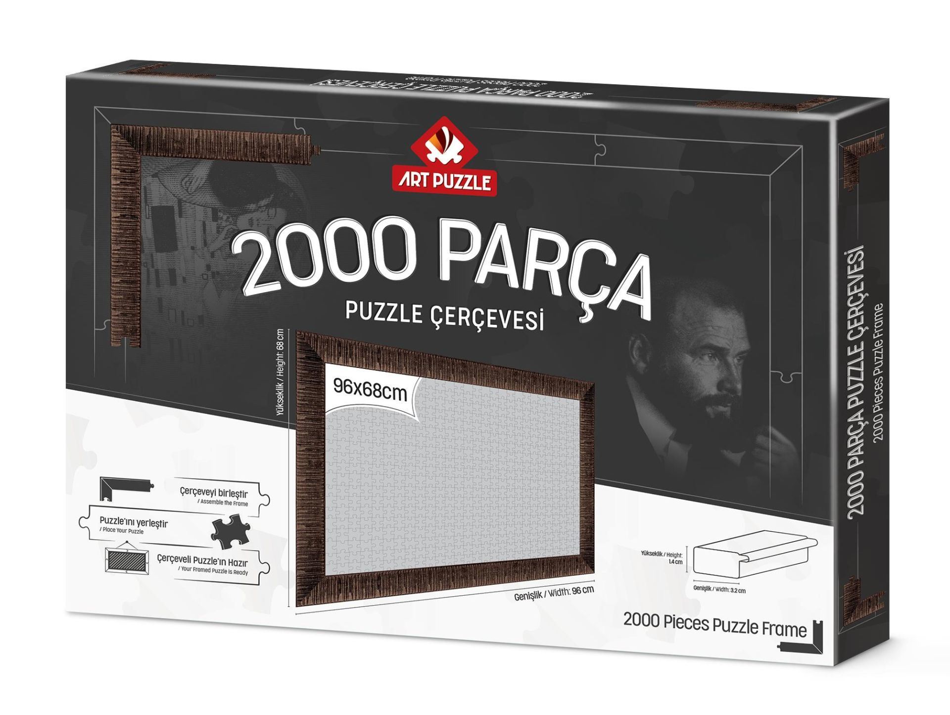 Kahverengi çerçeveli bir yapboz kutusu. Metin '2000 PARÇA PUZZLE ÇERÇEVESİ' ve '2000 Pieces Puzzle Frame' yazıyor.