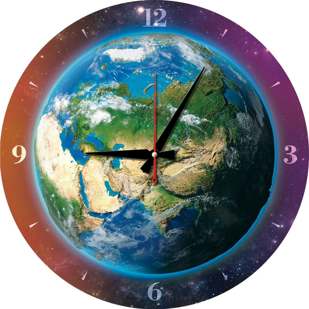 Un orologio a forma di Terra, le lancette puntano alle 10:08. Lo sfondo è un cielo stellato.