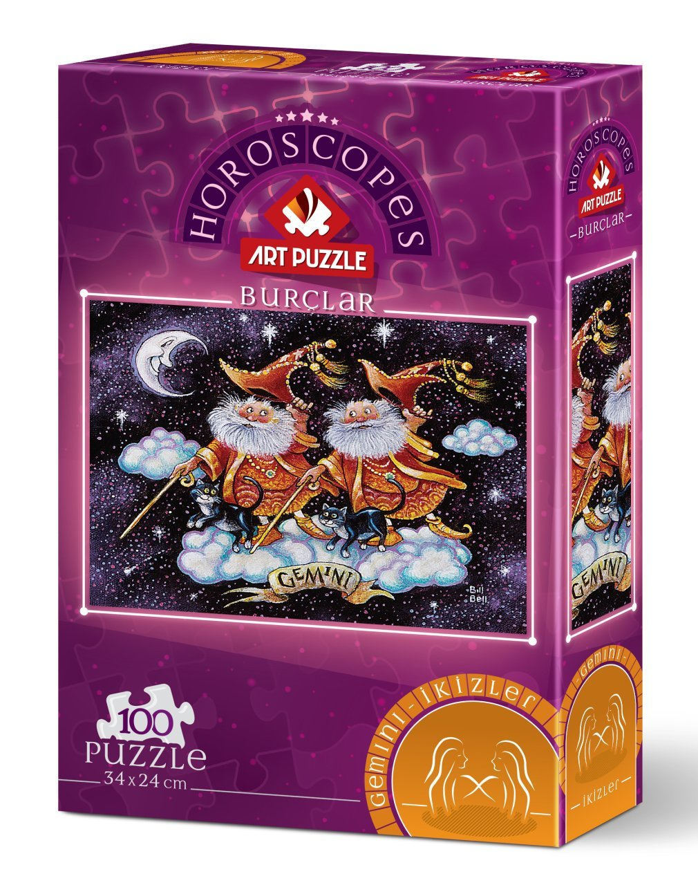 Scatola puzzle con opera d'arte dei Gemelli. Due figure, gatti e nuvole su uno sfondo stellato. 'Oroscopi' e 'Art Puzzle'.