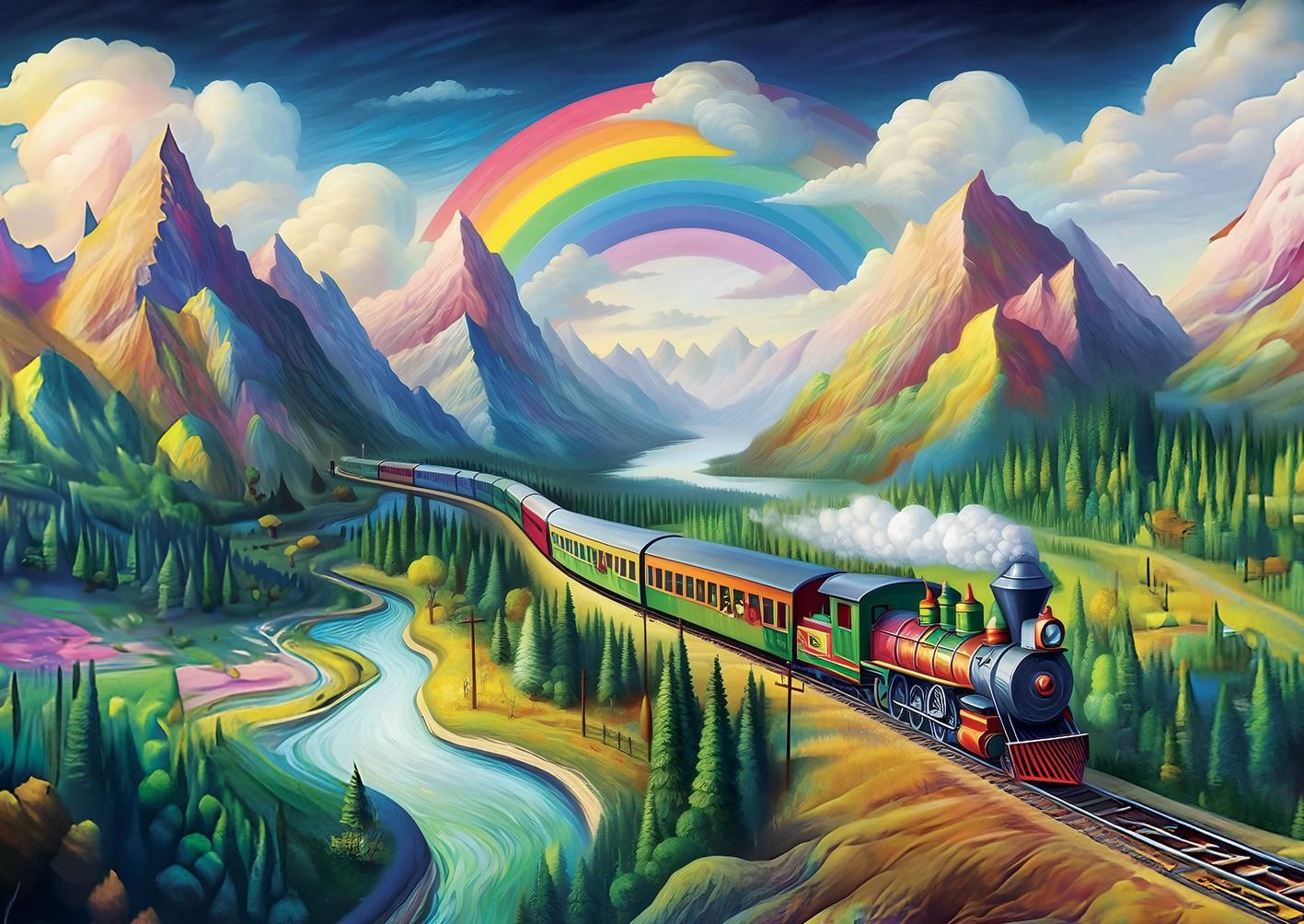 Renkli bir tren, bir nehrin yanında ve bir dağ silsilesinden, bir gökkuşağı ve bulutların altında raylarda seyahat ediyor.