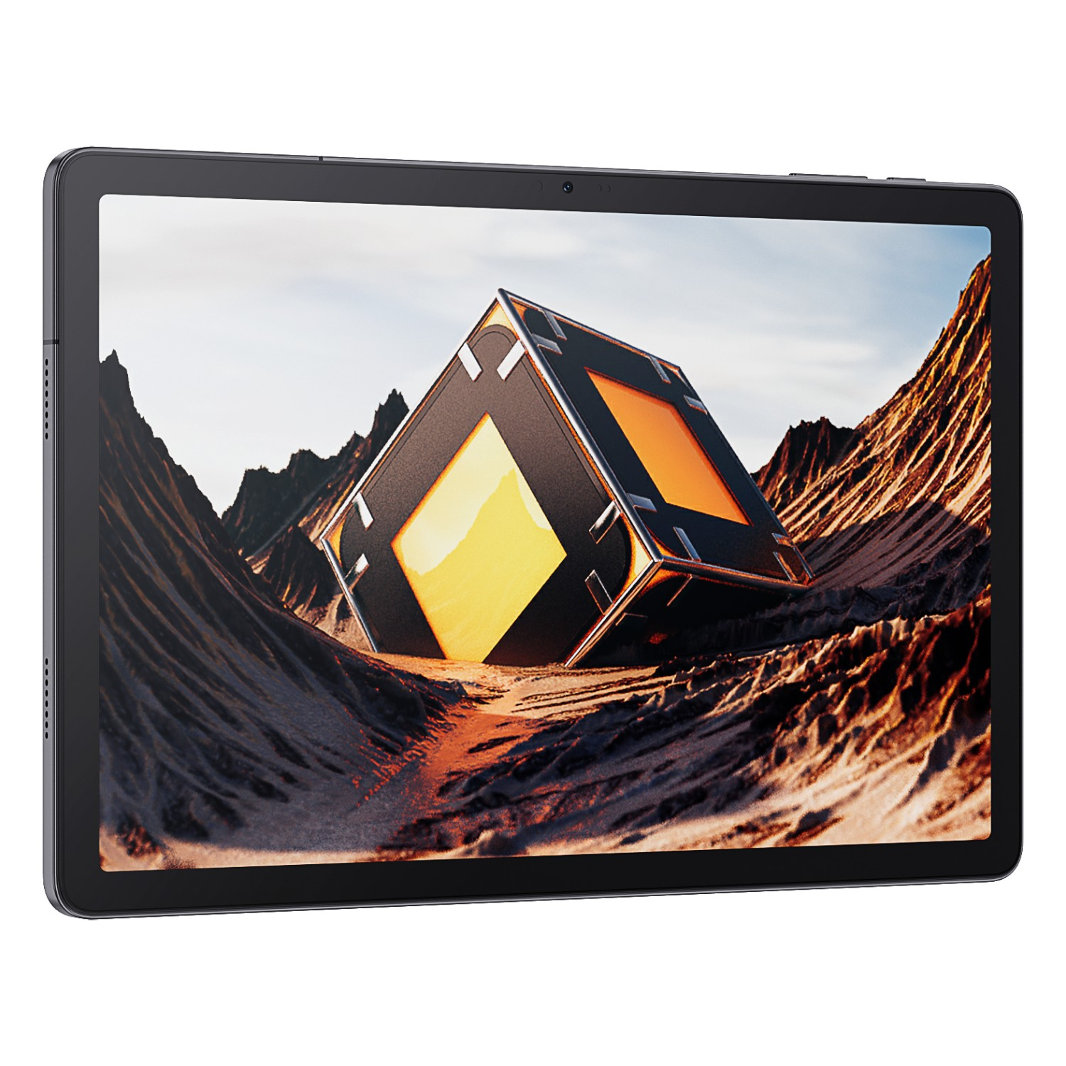 Tablet wyświetlający kostkę w kanionie. Kostka jest czarna z pomarańczowymi panelami. Kanion ma brązowe, teksturowane ściany. Widoczne niebo.