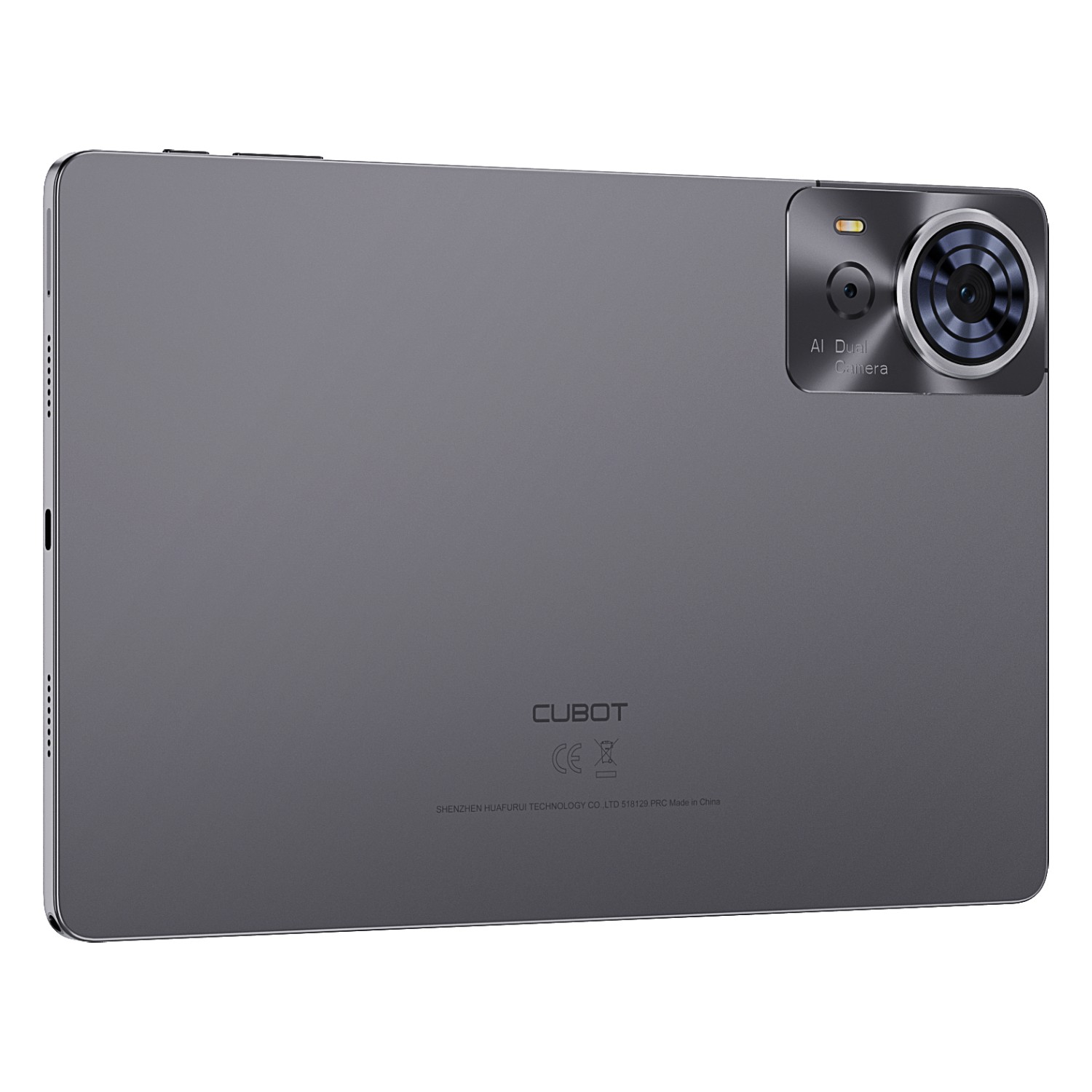 Szary tablet z podwójnym aparatem, widoczna nazwa marki CUBOT. Tył jest szary, aparat w prawym górnym rogu.