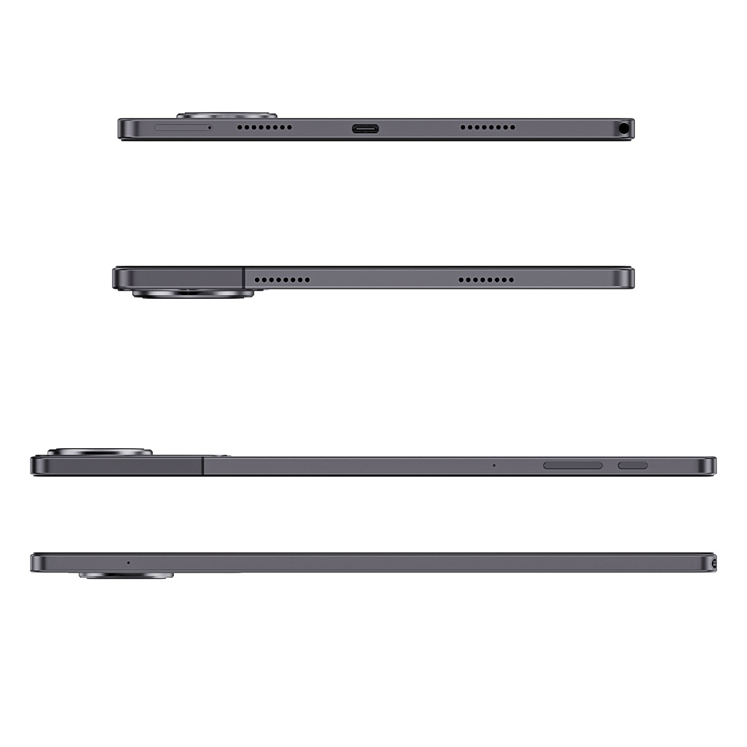 Cztery widoki ciemnoszarego tabletu. Widok z góry pokazuje aparat i porty. Widoki boczne pokazują aparat i przyciski. Izolowane na białym tle.