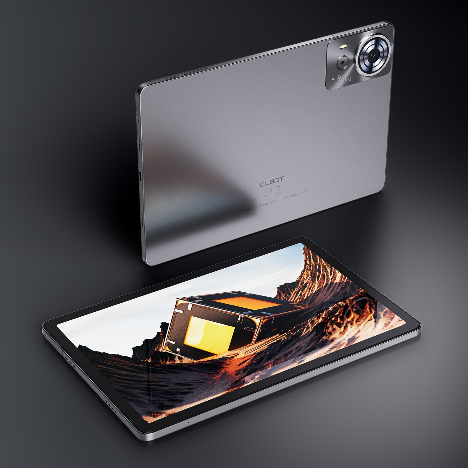 Tablet na ciemnej powierzchni. Ekran wyświetla krajobraz. Tablet jest srebrny, z aparatem. Drugi tablet w tle.