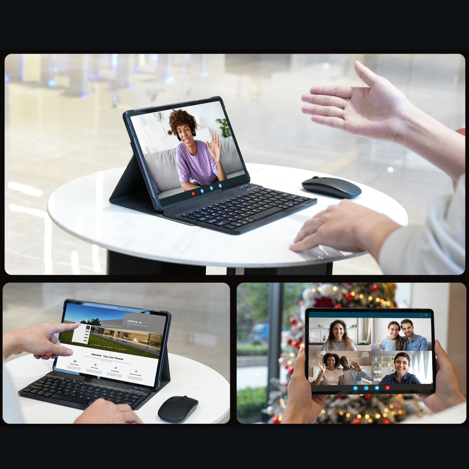 Tablet z rozmową wideo, gestykulująca dłoń. Inny tablet pokazuje stronę internetową, a trzeci rozmowę wideo z wieloma osobami.