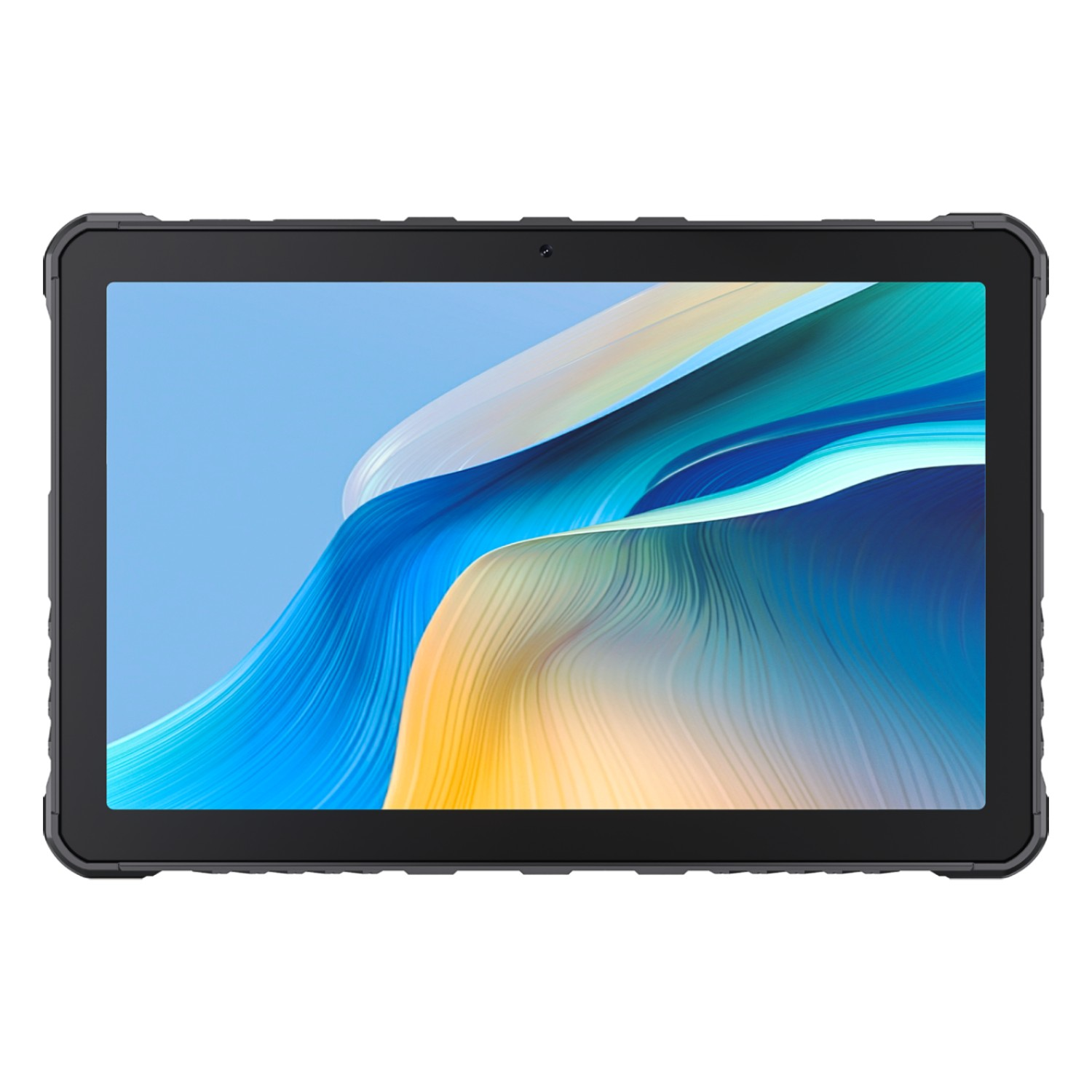 Czarny tablet wyświetla kolorowy, abstrakcyjny obraz z niebieskiego, żółtego i białego na jasnoniebieskim tle.