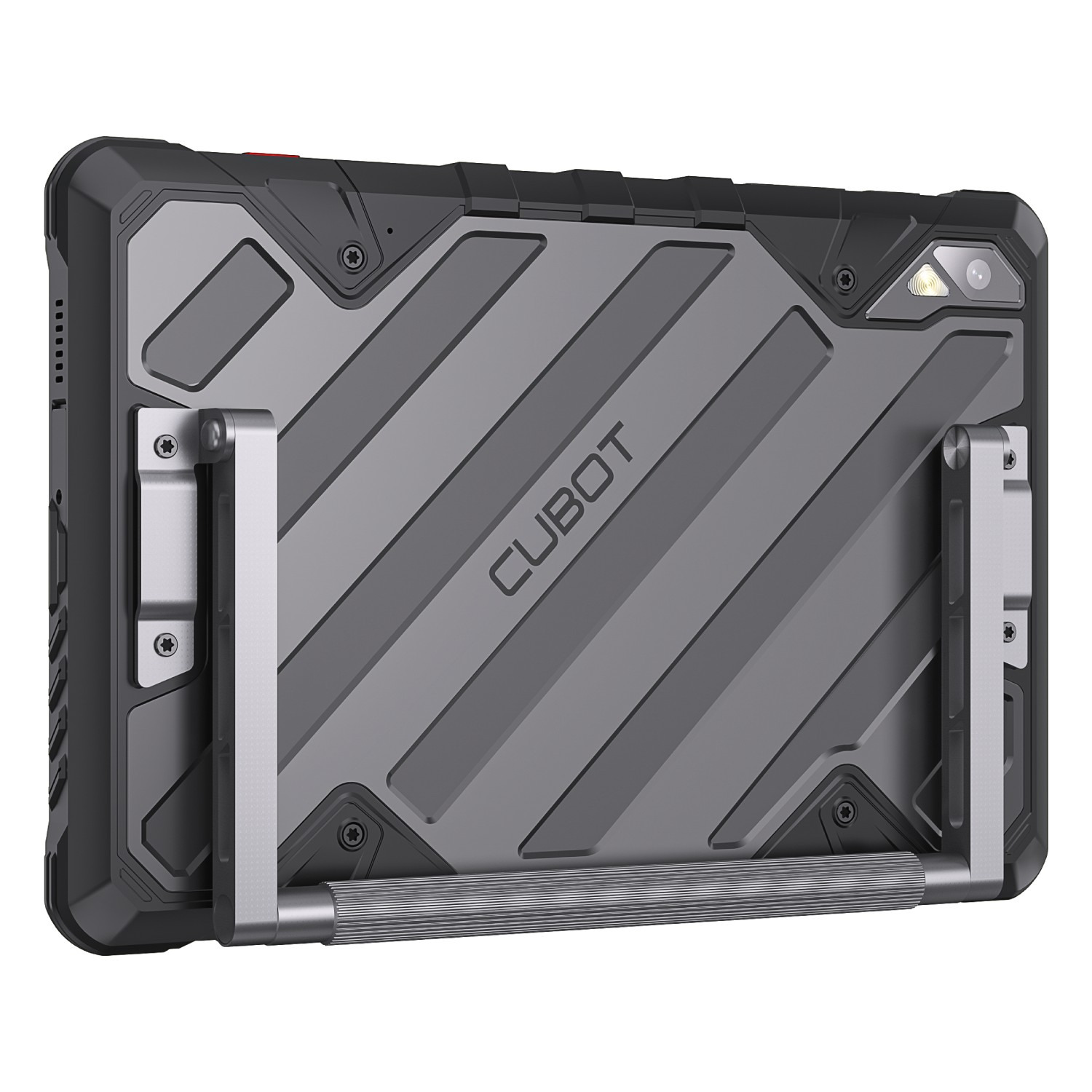 Tył szarego i czarnego tabletu CUBOT ze stojakiem. Zawiera aparat, przyciski i nazwę marki CUBOT.