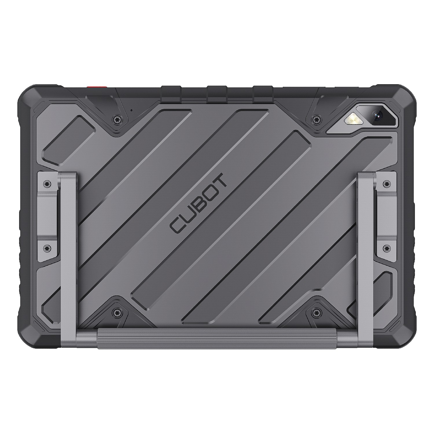 Szary tablet CUBOT z etui ochronnym i podpórką. Tył ma teksturowany wzór i aparat.