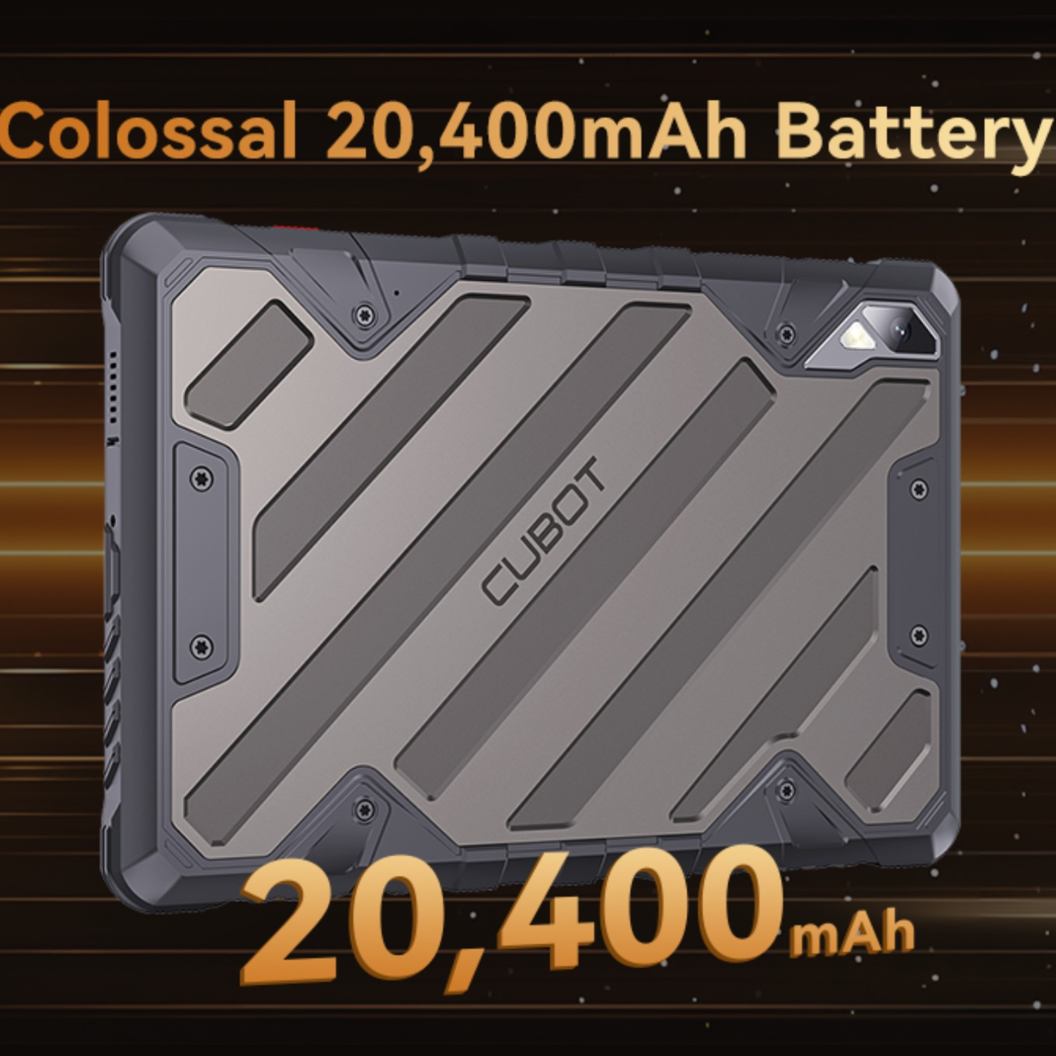 Szary i czarny tablet CUBOT z dużą pojemnością baterii 20 400 mAh jest wyświetlany na ciemnym tle.